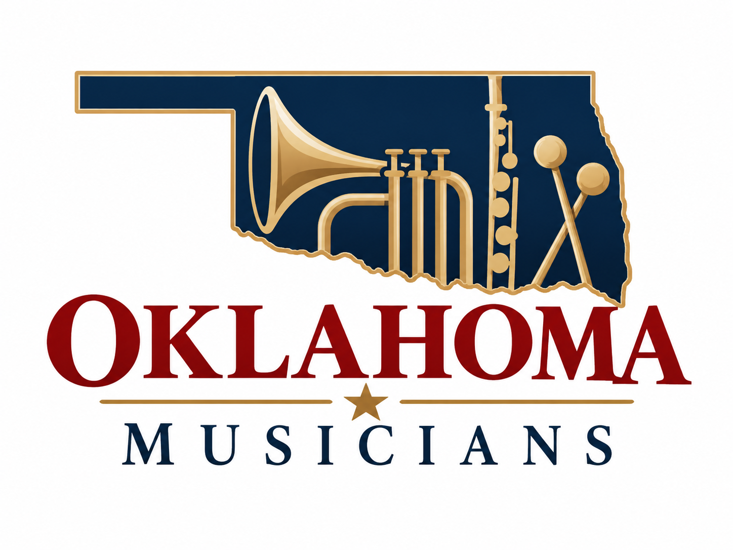 Oklahoma Musicians: Oklahoma silhouette with brass, woodwind and percussion instruments