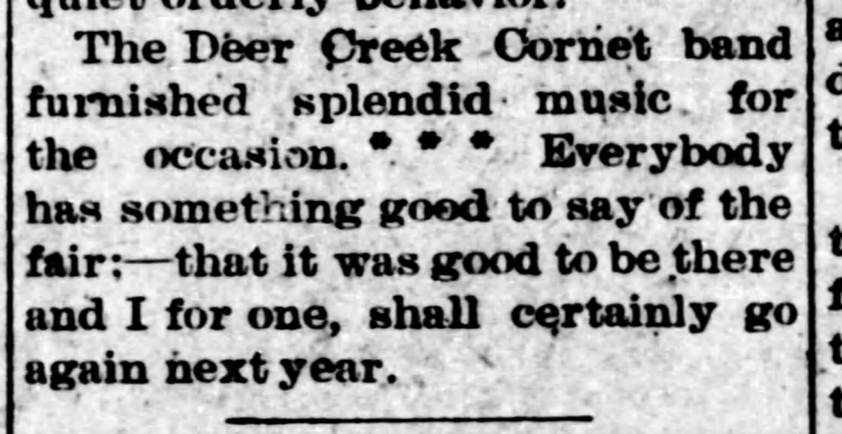 Newspaper clipping from Deer Creek Times, November 9, 1900, page 1, documenting Deer Creek Cornet Band.