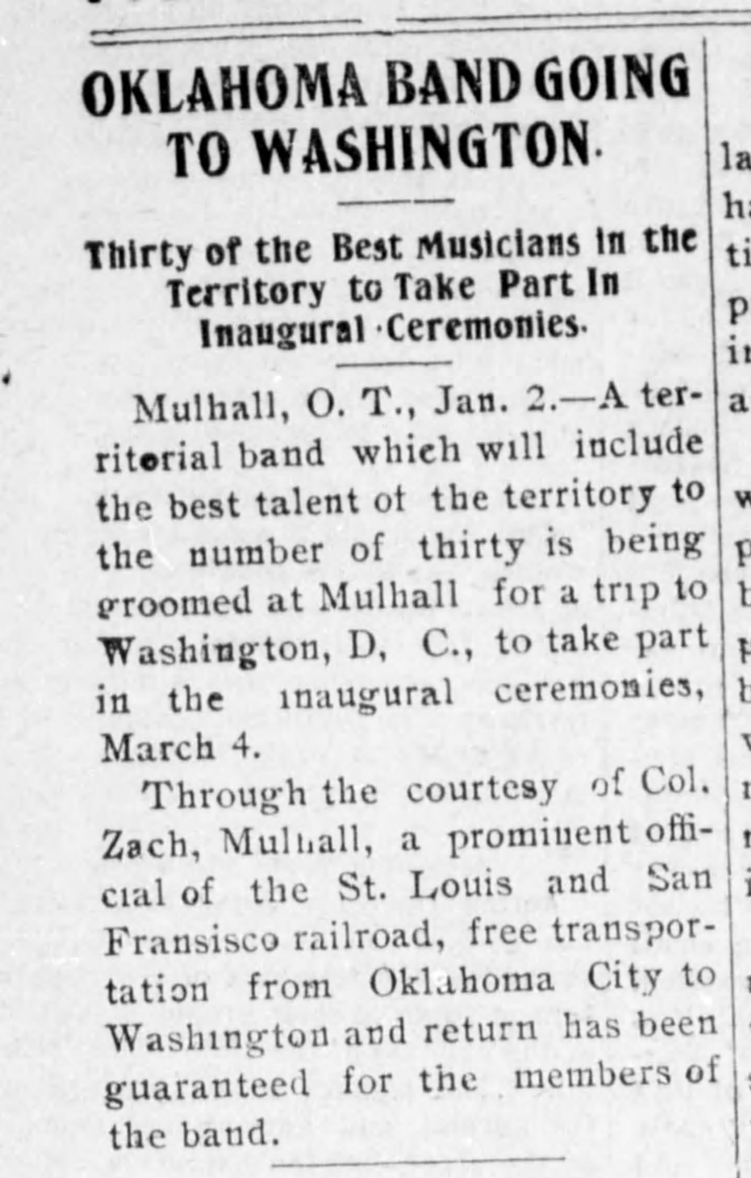 Newspaper clipping from Garfield County Democrat, January 10, 1901, page 1, documenting Territorial inaugural band; later identified as the Frisco R.R. Band.
