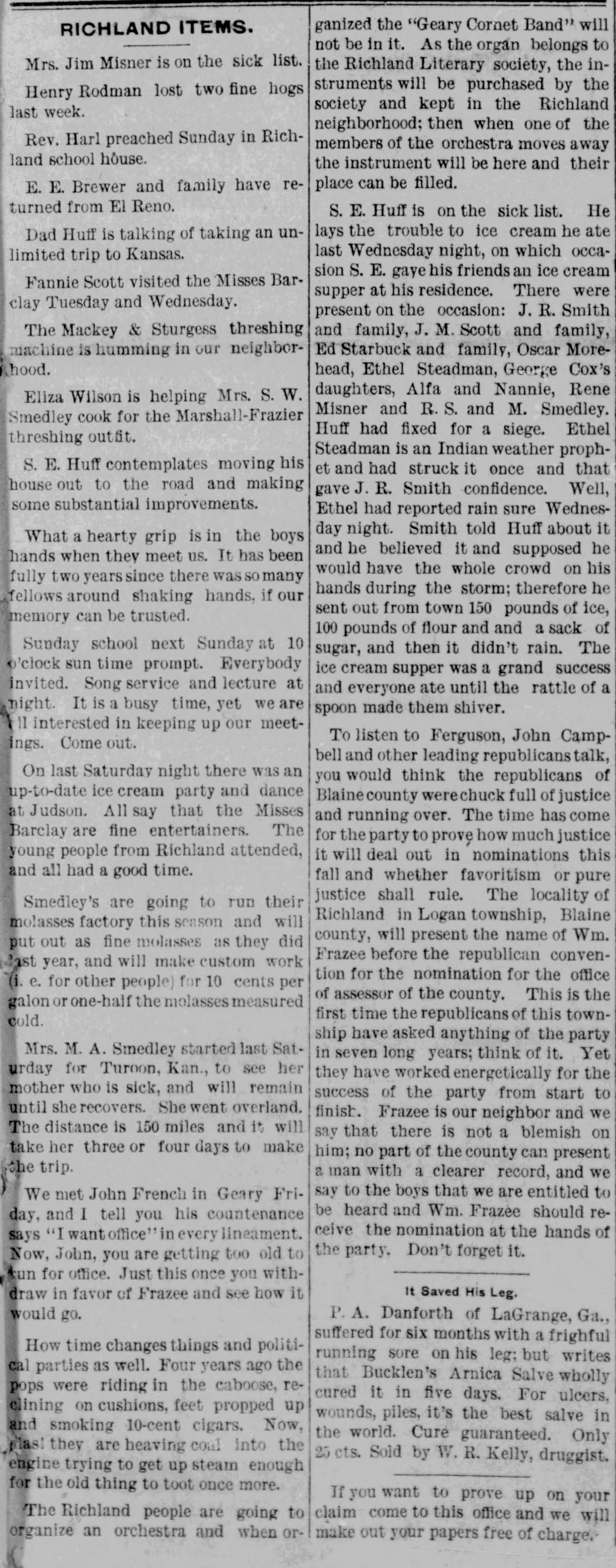 Newspaper clipping from Geary Bulletin, July 19, 1900, page 1, documenting Geary Cornet Band.