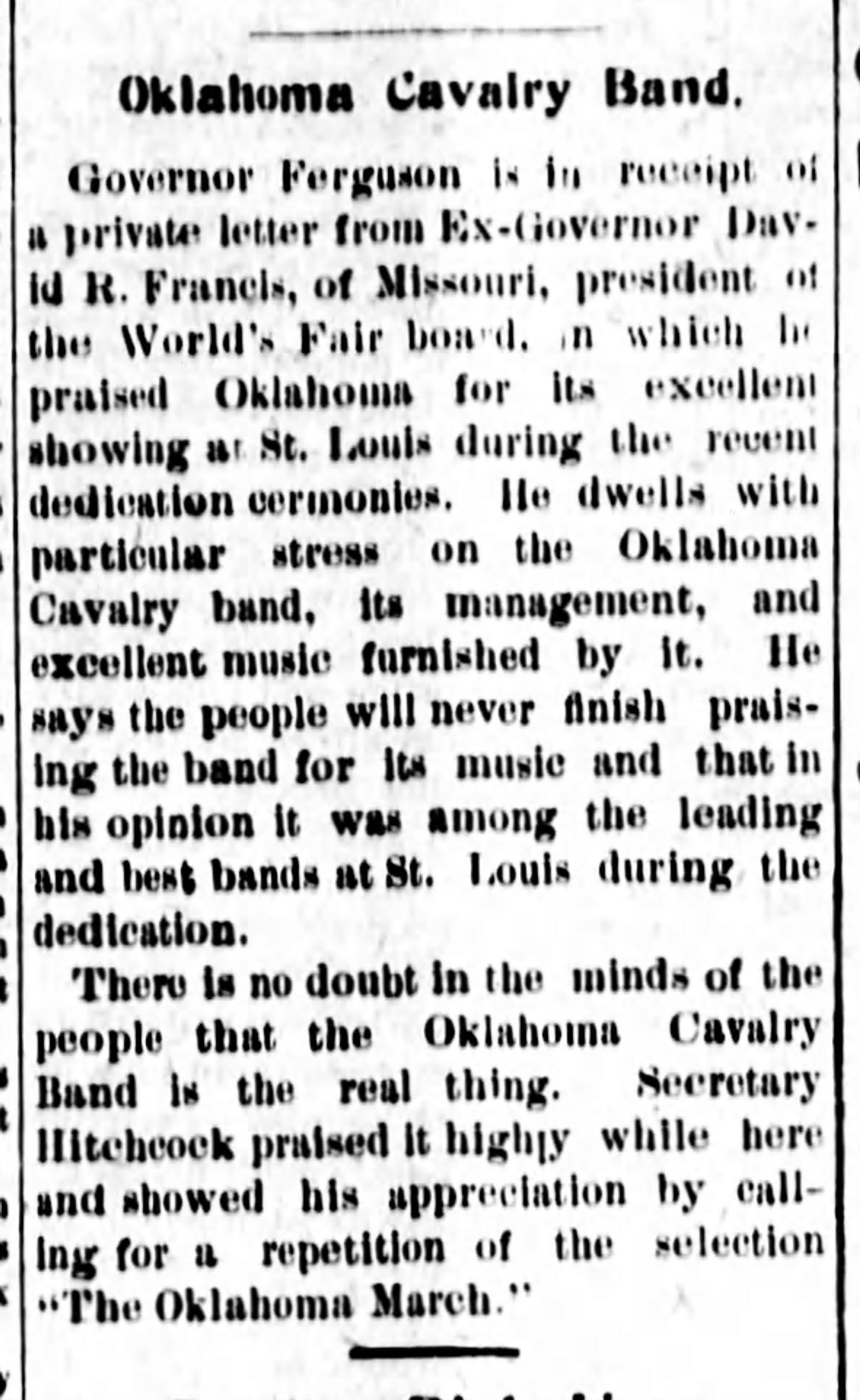 Newspaper clipping from Grant County Republican, May 21, 1903, page 5, documenting Oklahoma Cavalry Band.