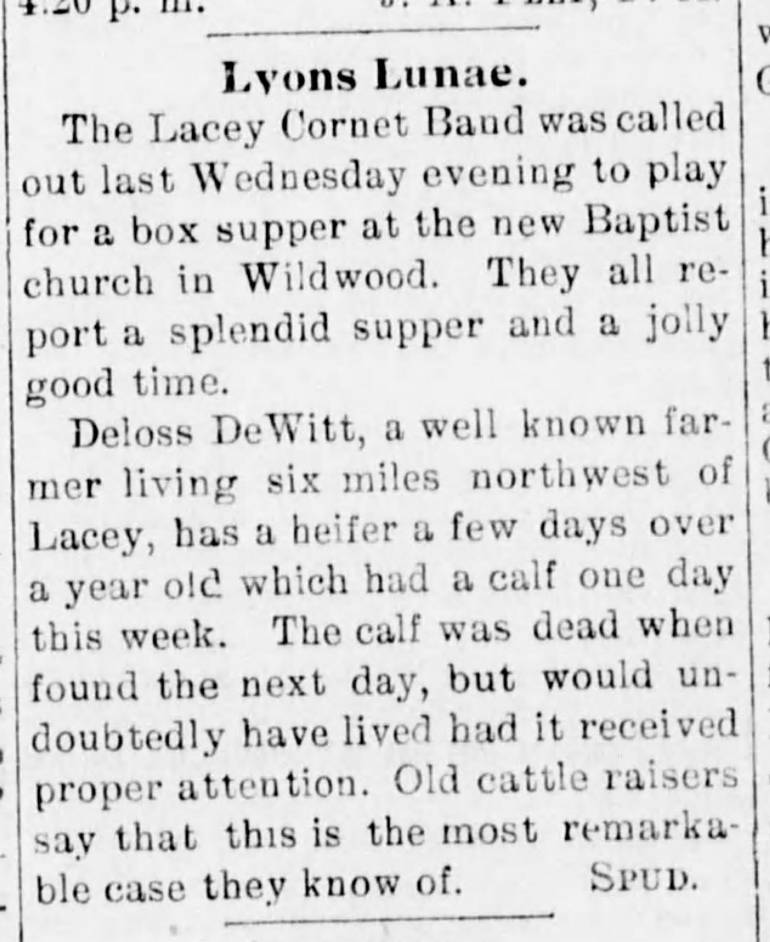 Newspaper clipping from Hennessey Clipper, May 18, 1899, page 5, documenting Lacey Cornet Band.