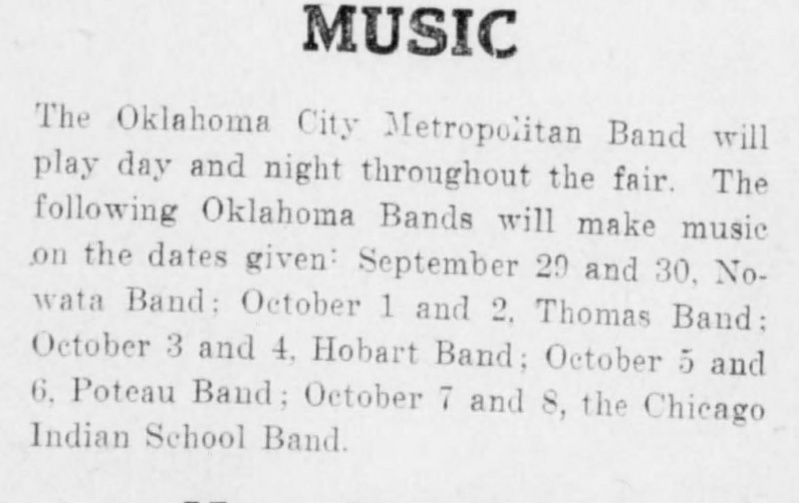 Newspaper clipping from Oklahoma City Daily Pointer, September 26, 1910, page 2, documenting Oklahoma City Metropolitan Band; Nowata, Thomas, Hobart, Poteau, and Chilocco bands.