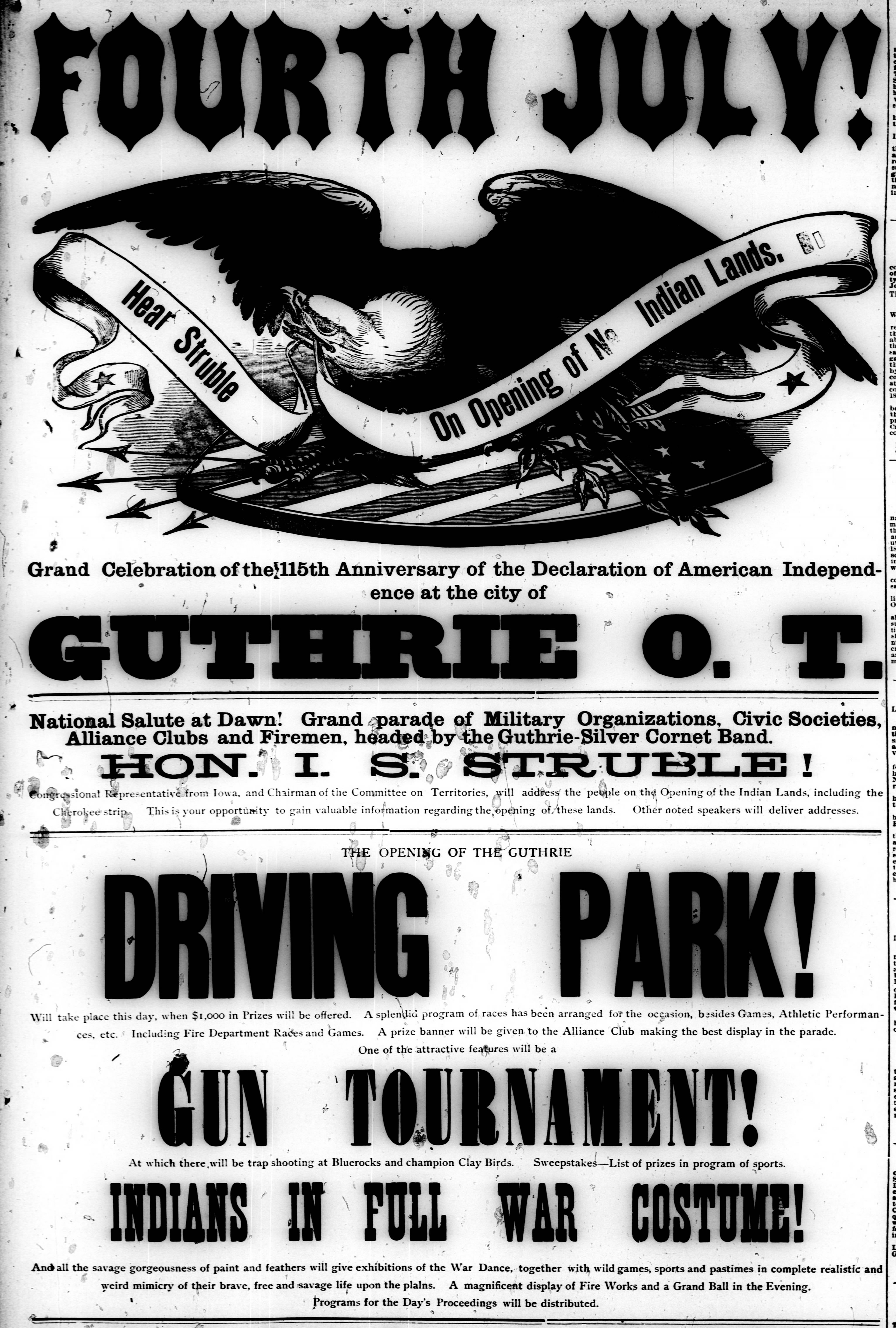 Newspaper clipping from Oklahoma State Capital, July 4, 1891, page 7, documenting Guthrie Silver Cornet Band.