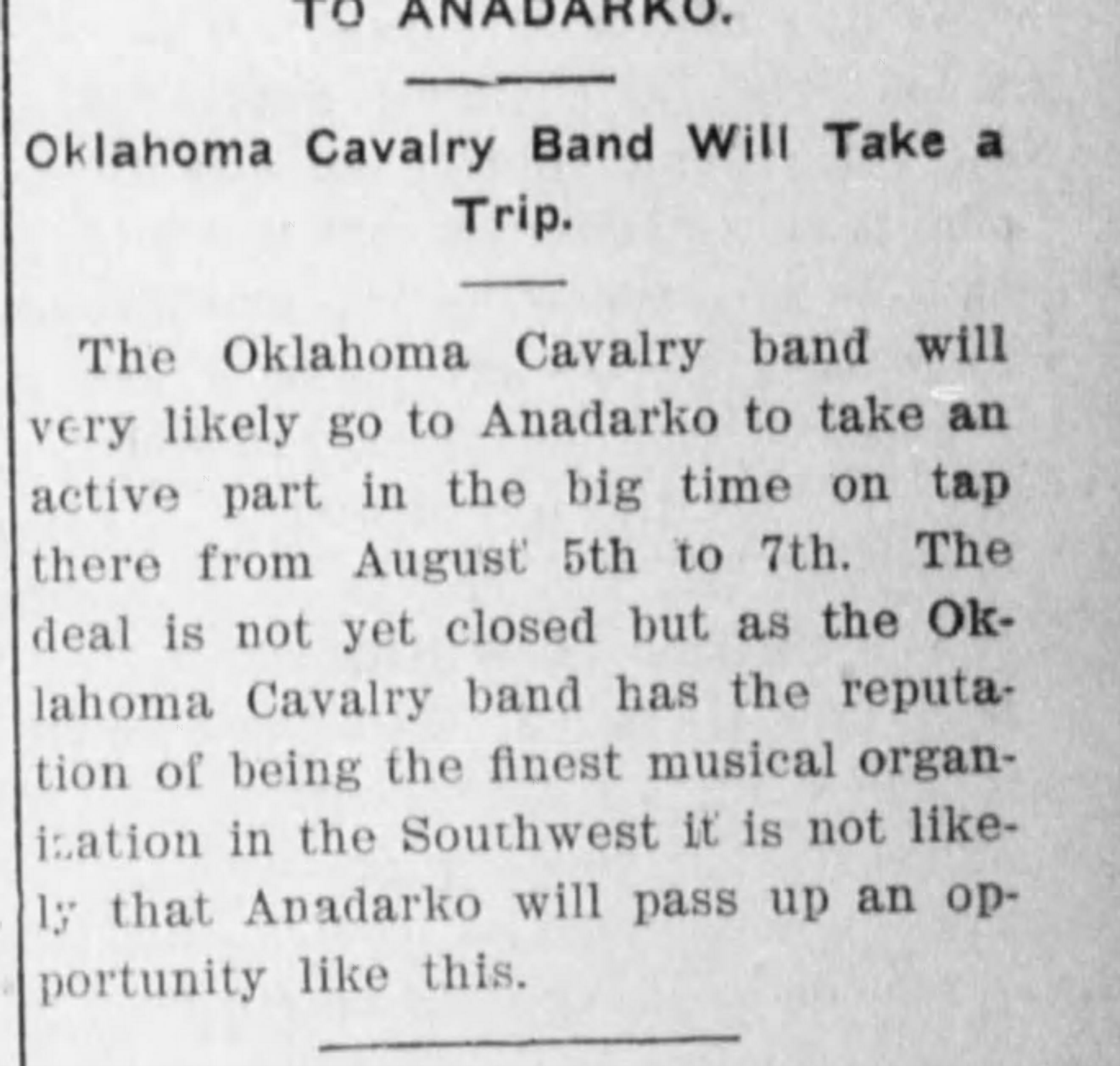 Newspaper clipping from Oklahoma Weekly Leader, July 24, 1902, page 3, documenting Oklahoma Cavalry Band.