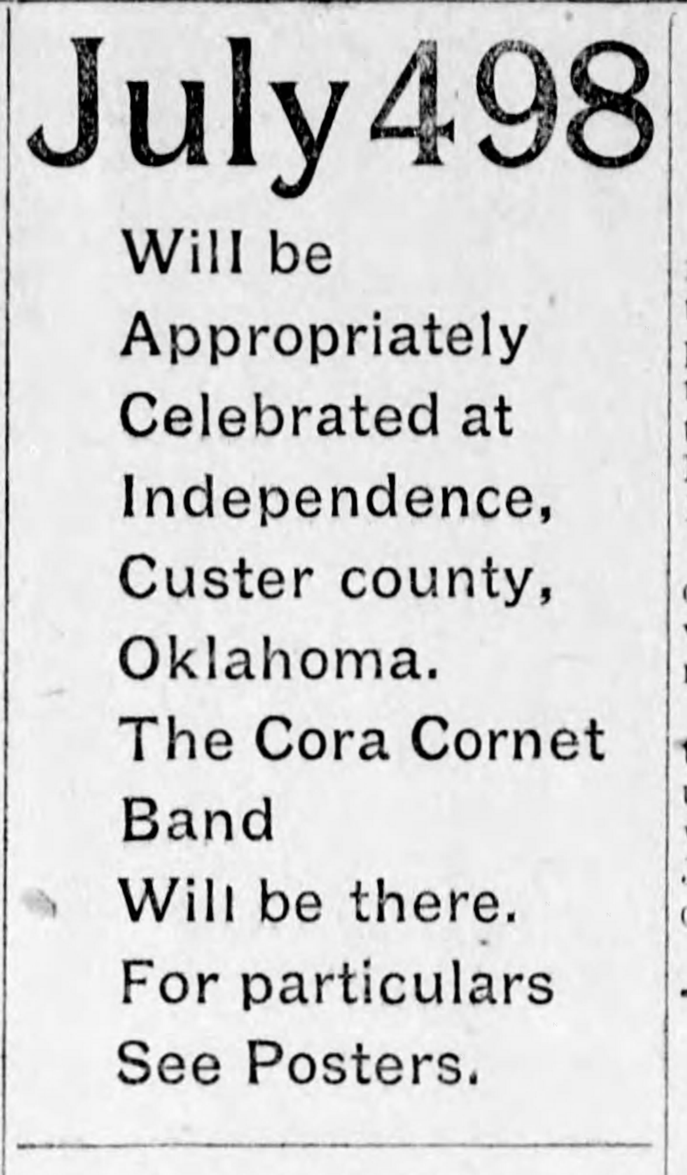 Newspaper clipping from The Arapaho Bee, July 1, 1898, page 4, documenting Cora Cornet Band.