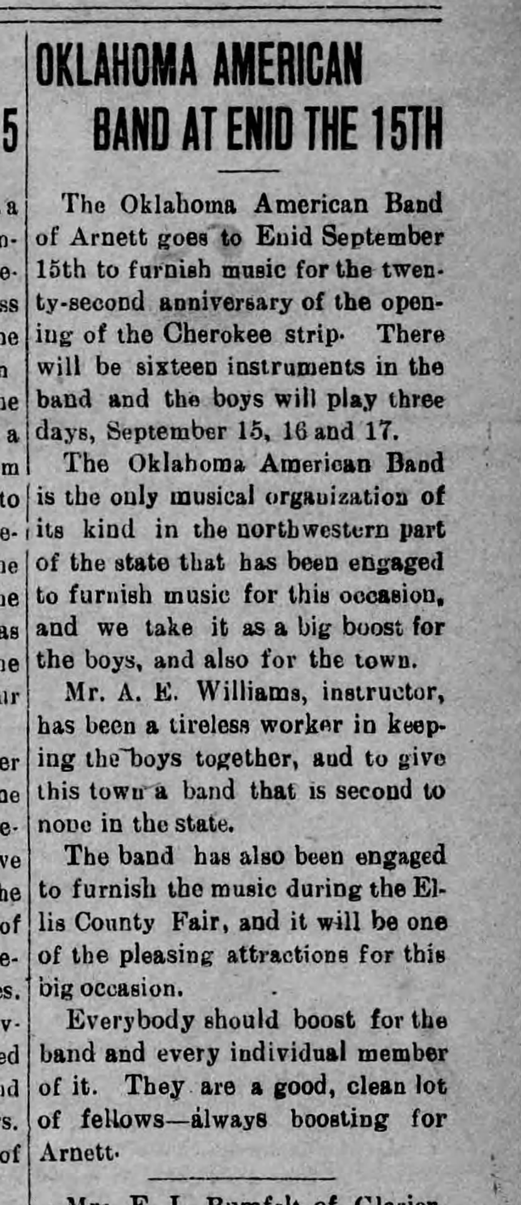 Newspaper clipping from The Arnett Leader, September 3, 1915, page 1, documenting Oklahoma American Band of Arnett.