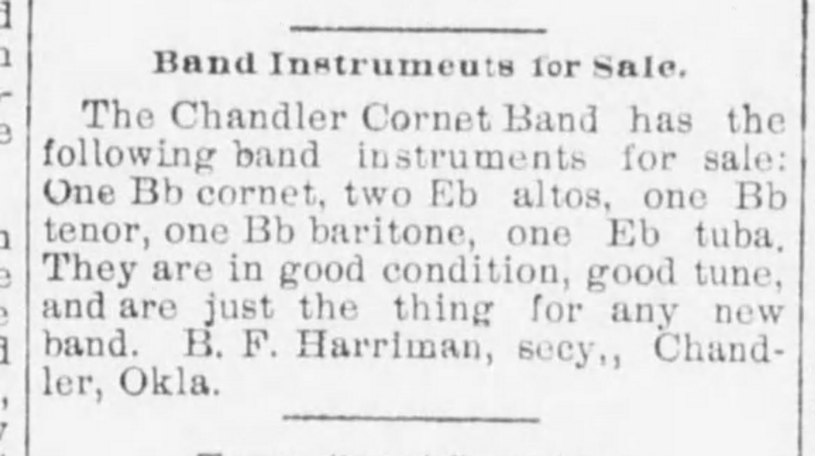 Newspaper clipping from The Chandler News, November 15, 1895, page 3, documenting Chandler Cornet Band.