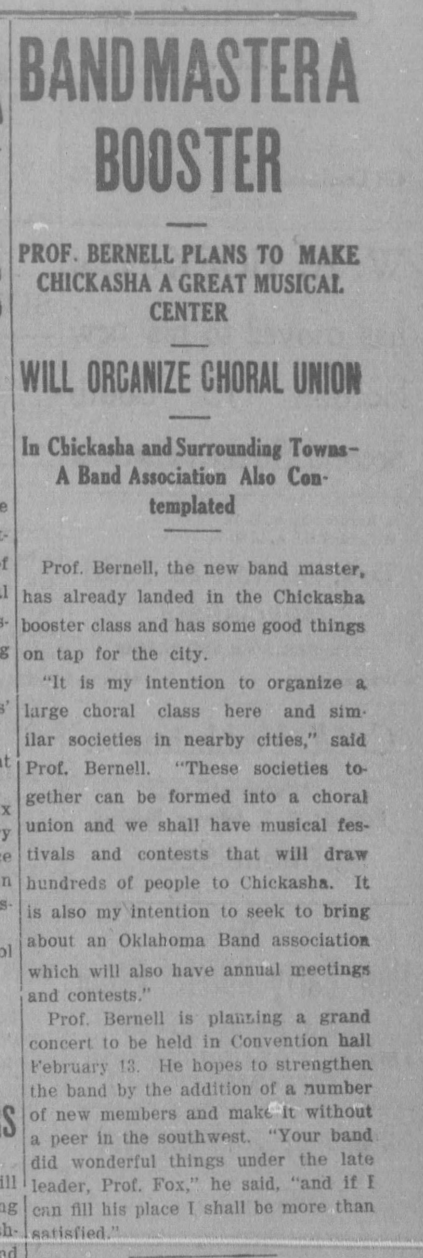 Newspaper clipping from The Chickasha Daily Express, January 23, 1908, page 1, documenting Chickasha Band.