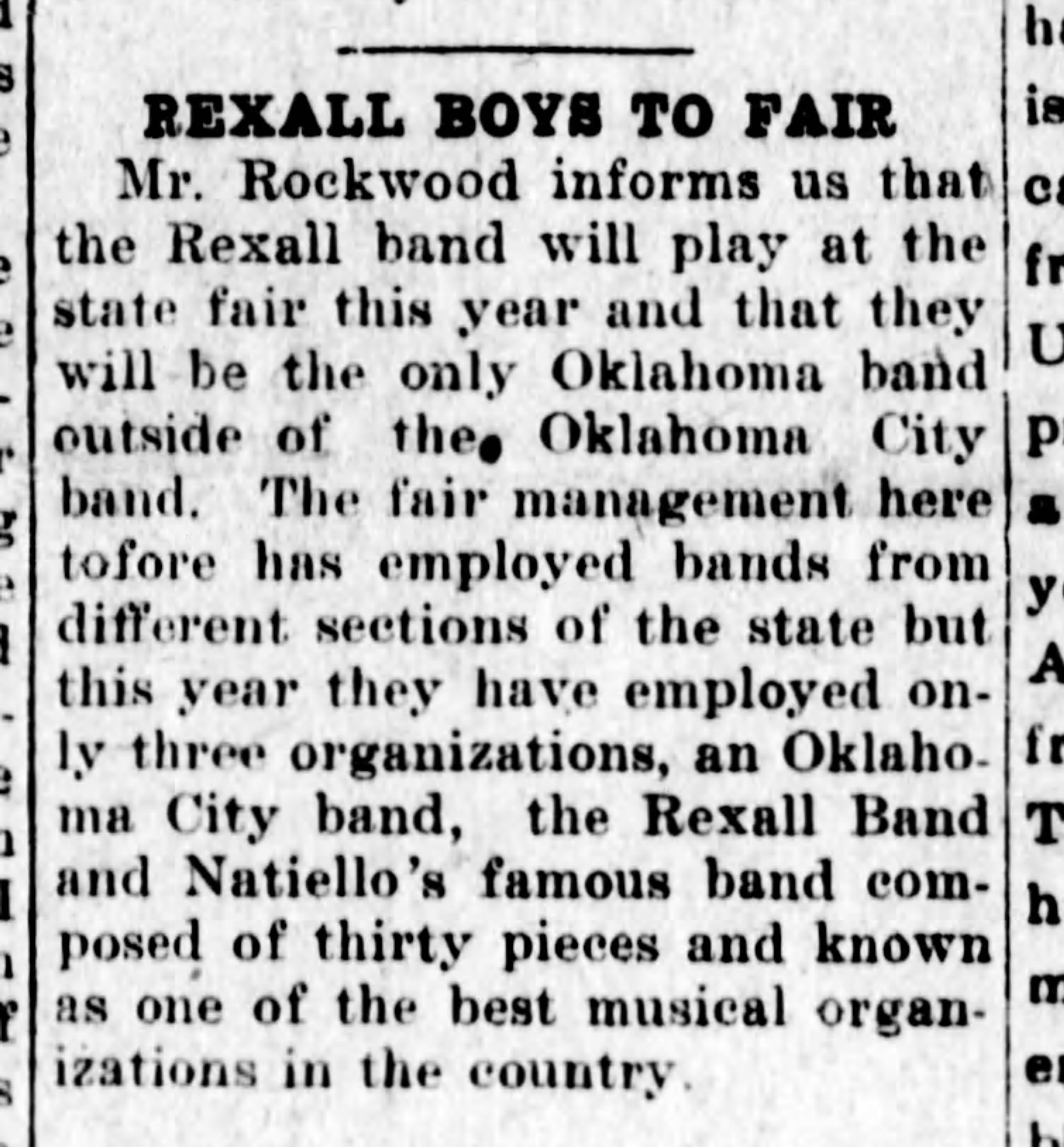 Newspaper clipping from The Clinton News, August 28, 1913, page 1, documenting Clinton Rexall Band.