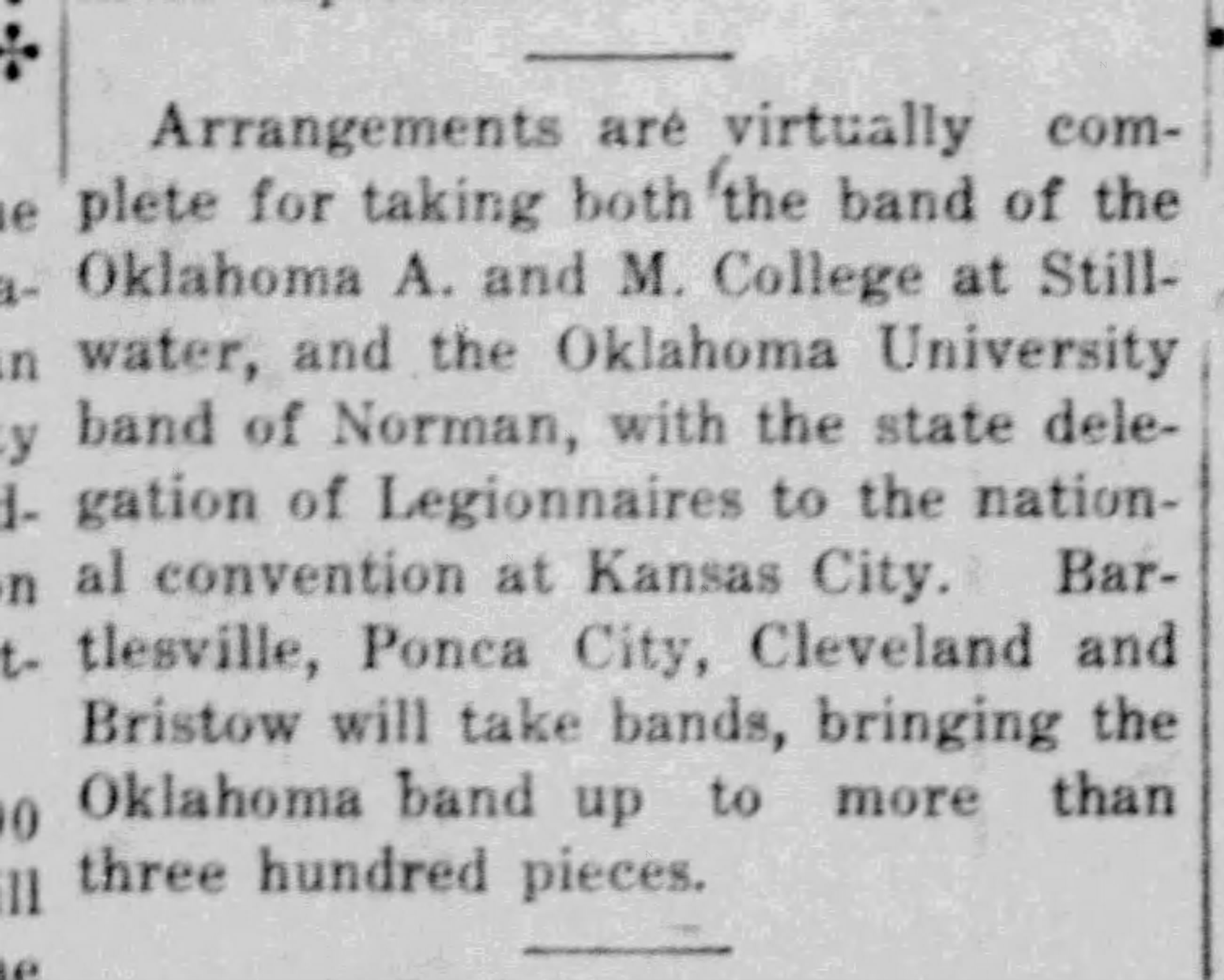 Newspaper clipping from The Collinsville News Star, October 21, 1921, page 2, documenting Oklahoma A&M Band; University of Oklahoma Band.