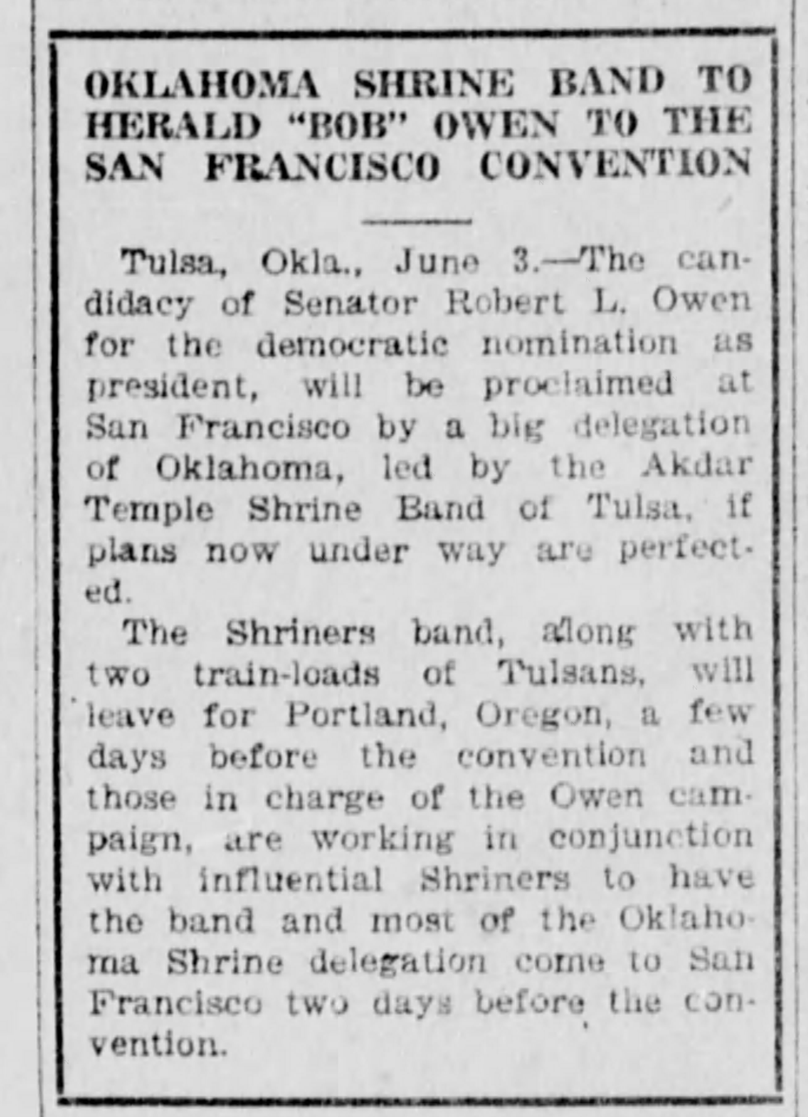 Newspaper clipping from The Daily Ardmoreite, June 3, 1920, page 1, documenting Akdar Temple Shrine Band.