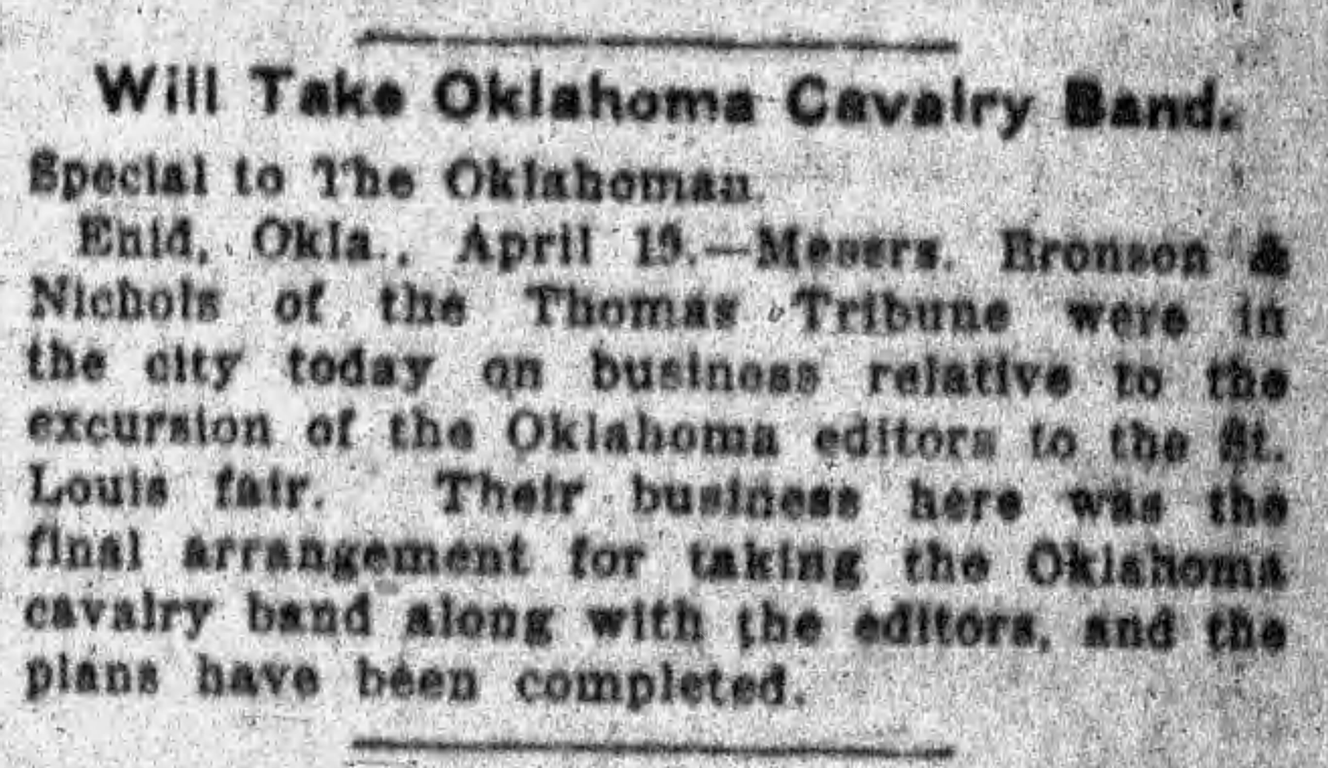Newspaper clipping from The Daily Oklahoman, April 20, 1904, page 5, documenting Oklahoma Cavalry Band.
