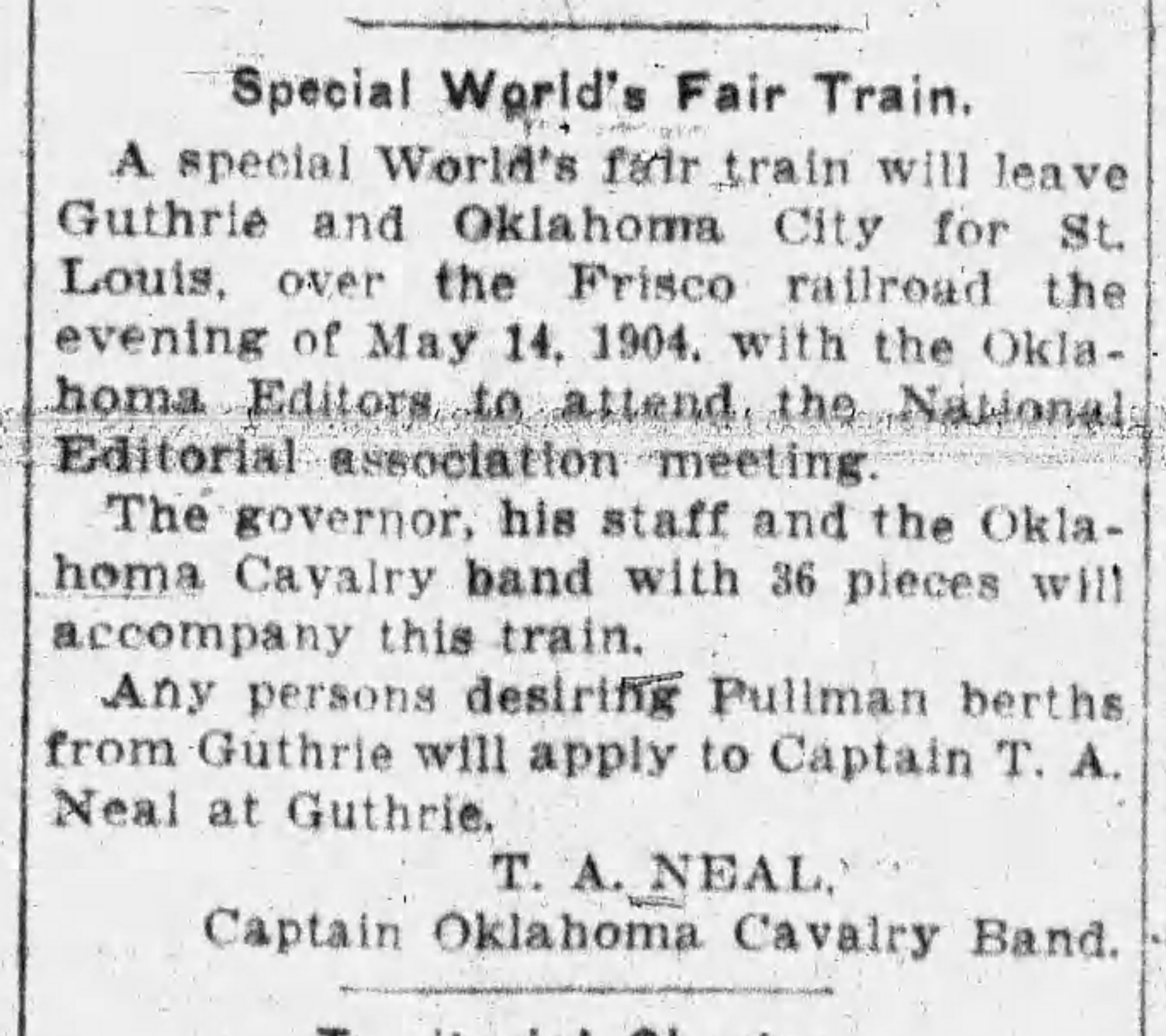 Newspaper clipping from The Daily Oklahoman, May 12, 1904, page 4, documenting Oklahoma Cavalry Band.