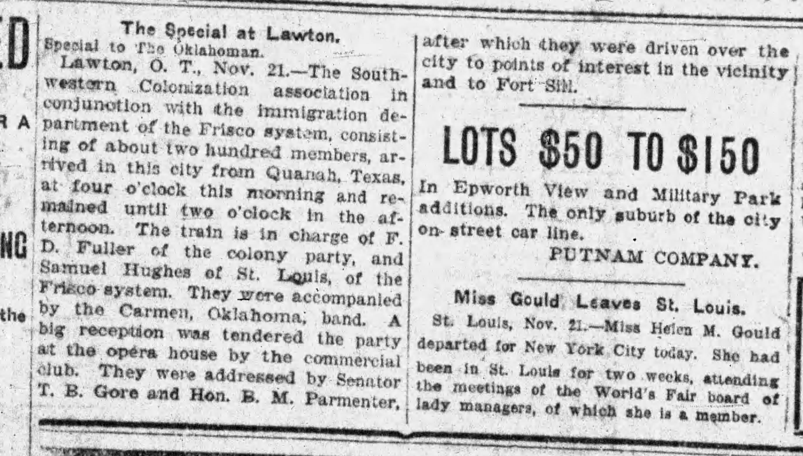 Newspaper clipping from The Daily Oklahoman, November 22, 1904, page 10, documenting Oklahoma Cavalry Band; Carmen Band.