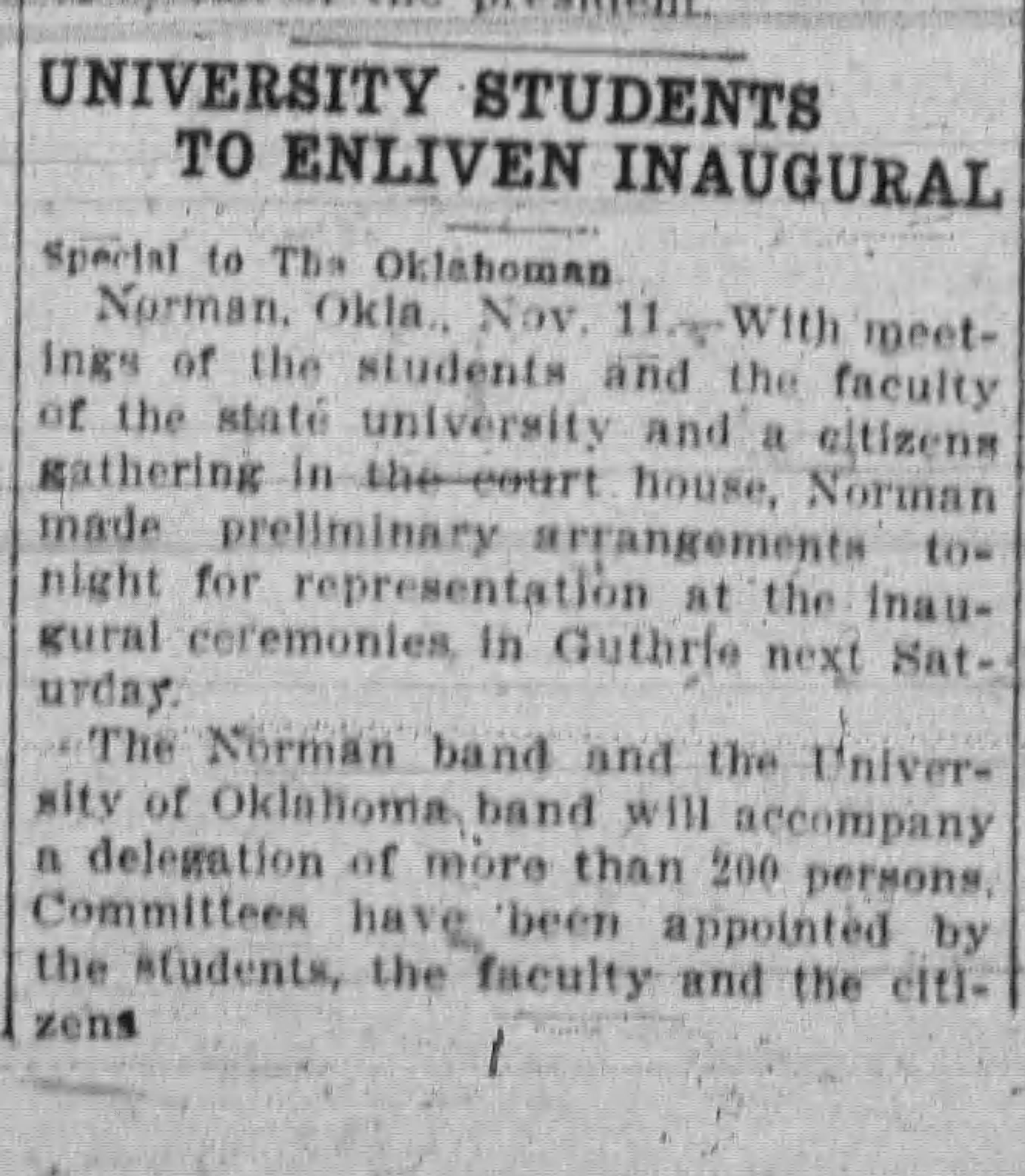 Newspaper clipping from The Daily Oklahoman, November 12, 1907, page 3, documenting Norman Band; University of Oklahoma Band.