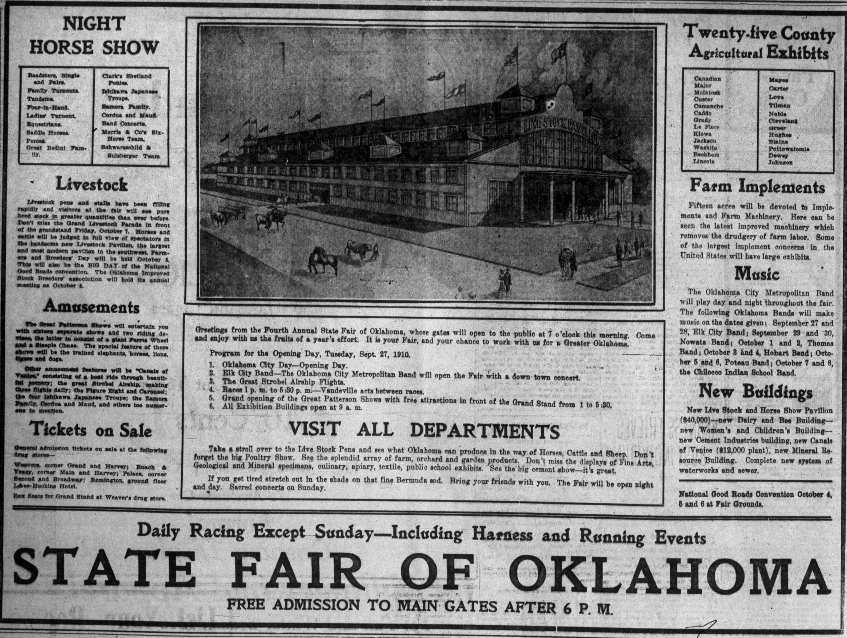 Newspaper clipping from The Daily Oklahoman, September 27, 1910, page 4, documenting Oklahoma City Metropolitan Band; Elk City, Nowata, Thomas, Hobart, Poteau, and Chilocco bands.
