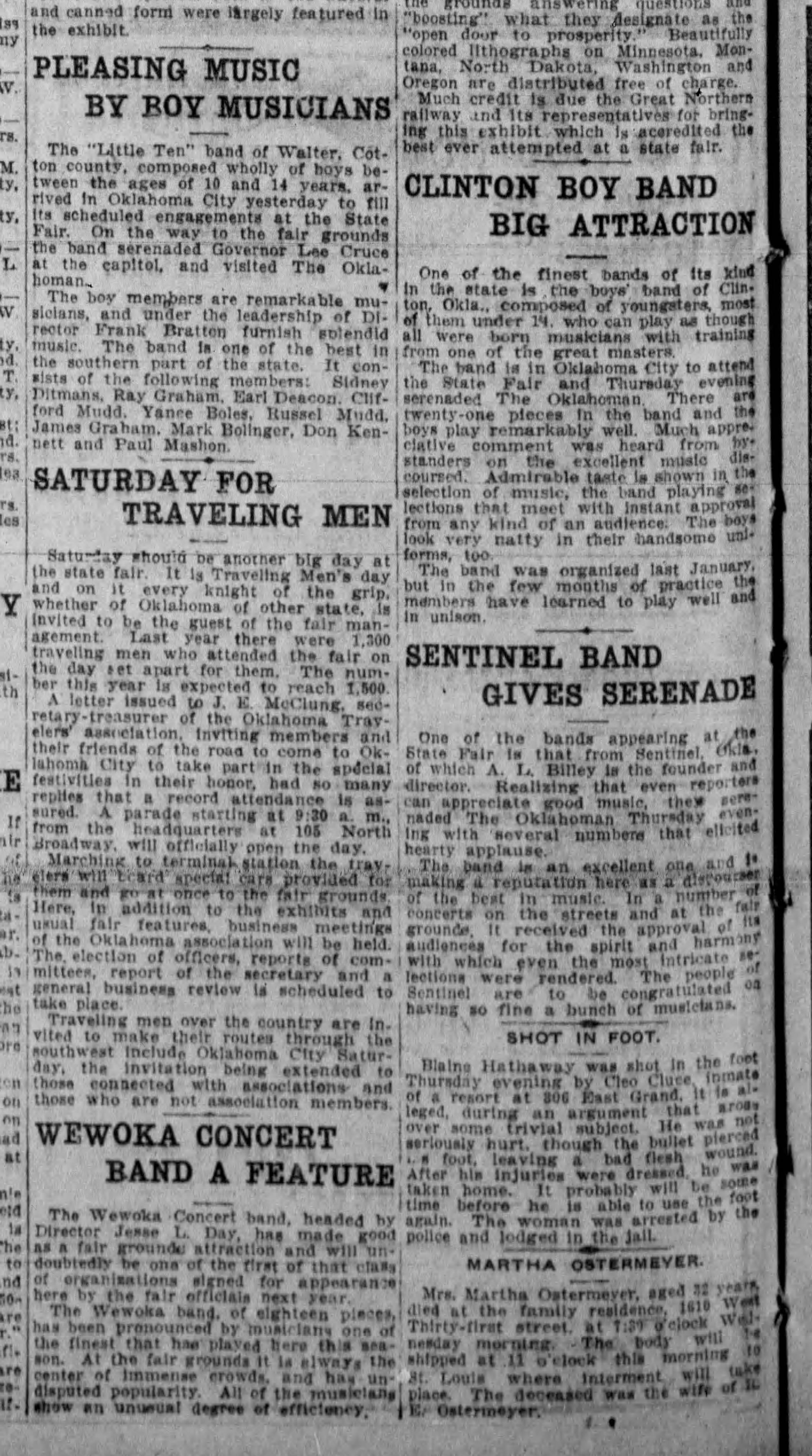 Newspaper clipping from The Daily Oklahoman, September 27, 1912, page 6, documenting Walter 'Little Ten' Boys Band; Clinton Boys Band.