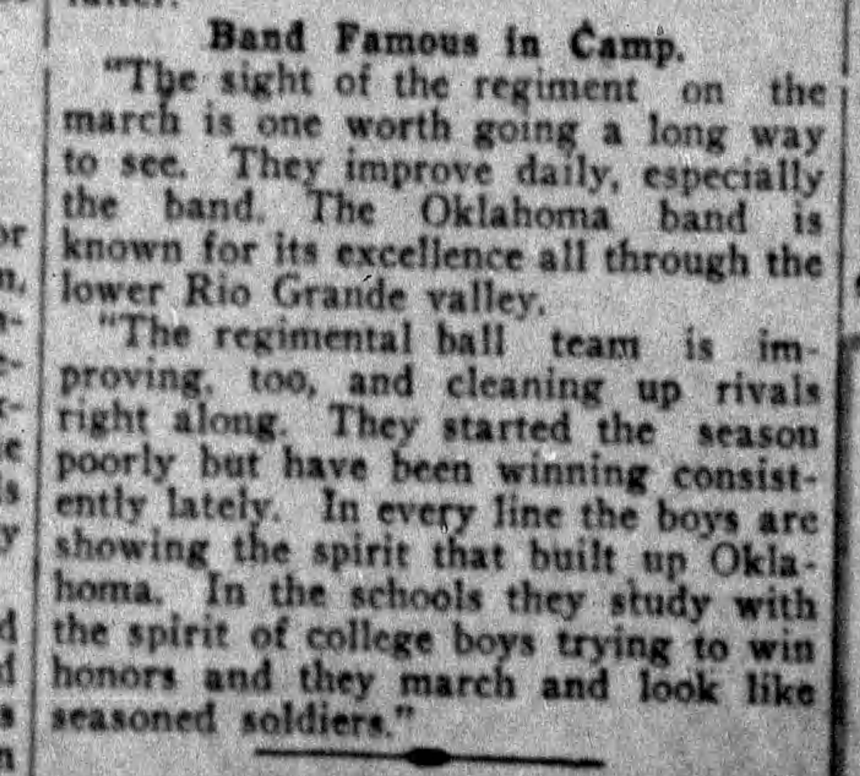Newspaper clipping from The Daily Oklahoman, September 13, 1916, page 12, documenting First Oklahoma Infantry/Regiment Band.