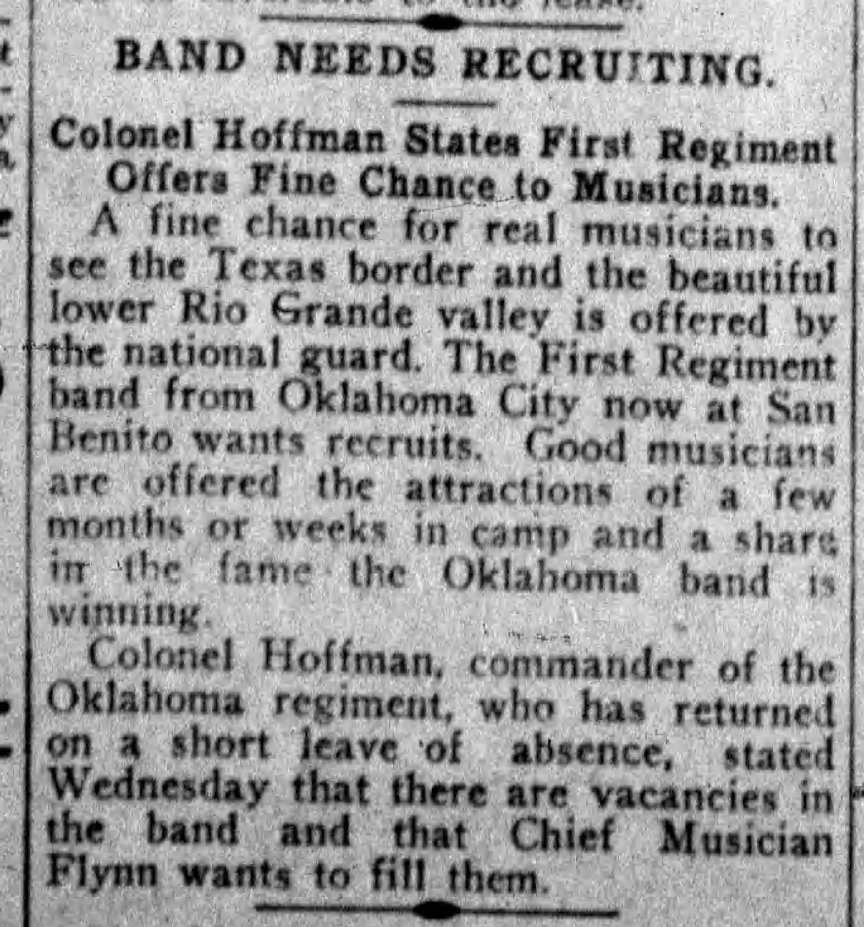 Newspaper clipping from The Daily Oklahoman, September 14, 1916, page 5, documenting First Regiment Band.