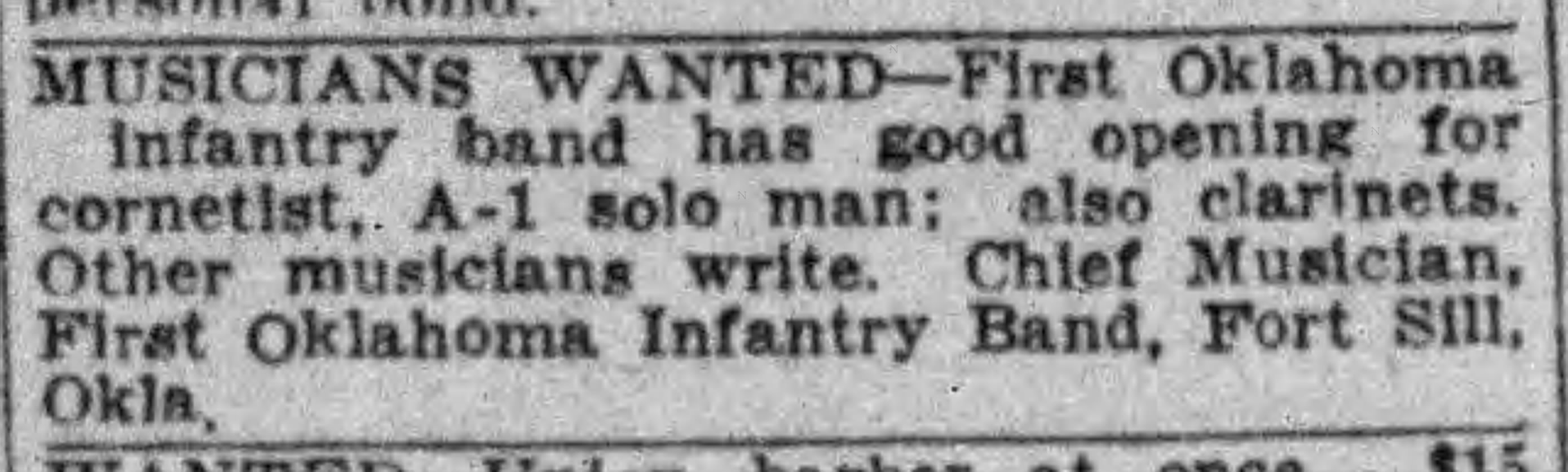 Newspaper clipping from The Daily Oklahoman, July 13, 1917, page 14, documenting First Oklahoma Infantry Band.