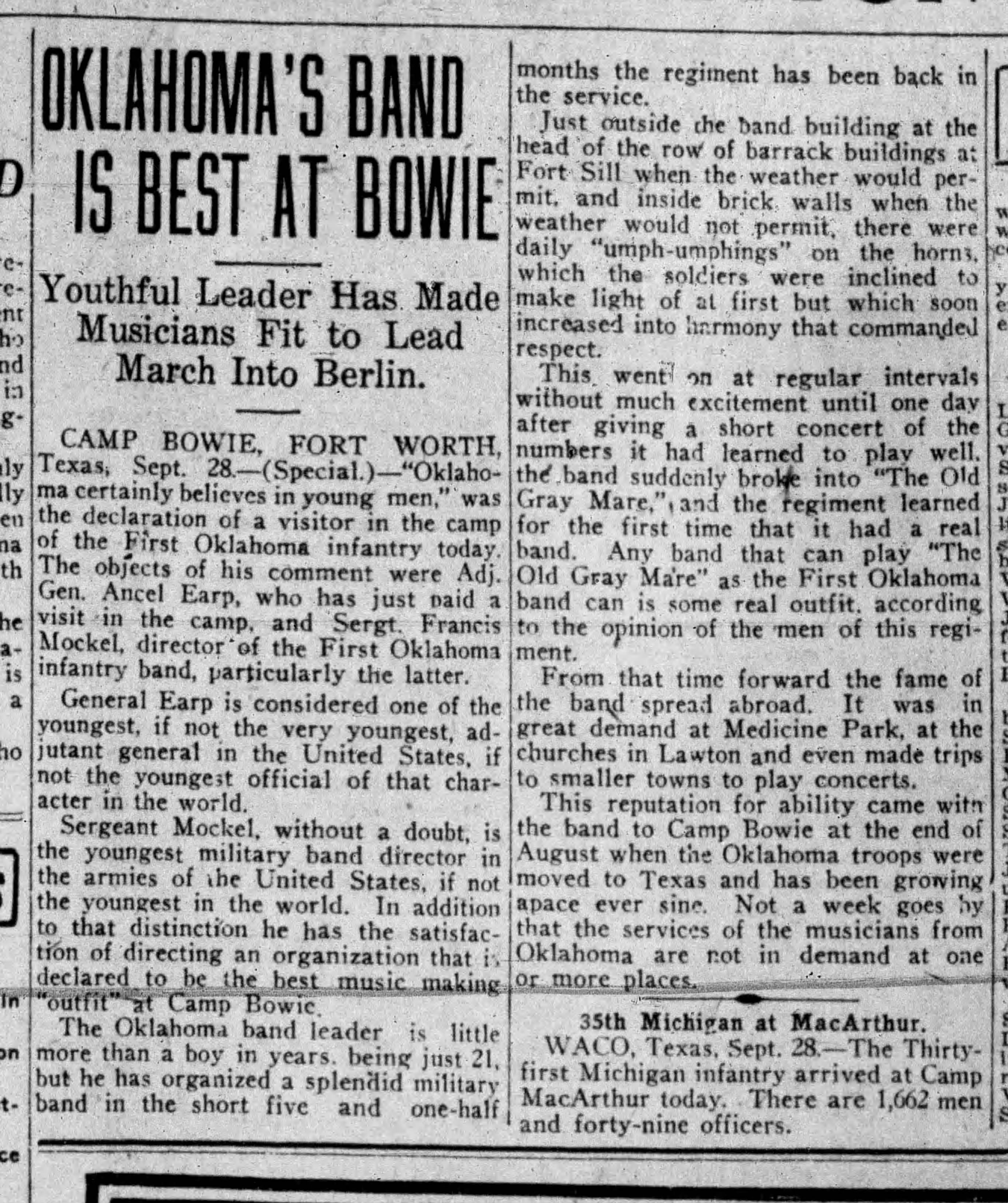 Newspaper clipping from The Daily Oklahoman, September 29, 1917, page 5, documenting First Oklahoma Infantry Band.