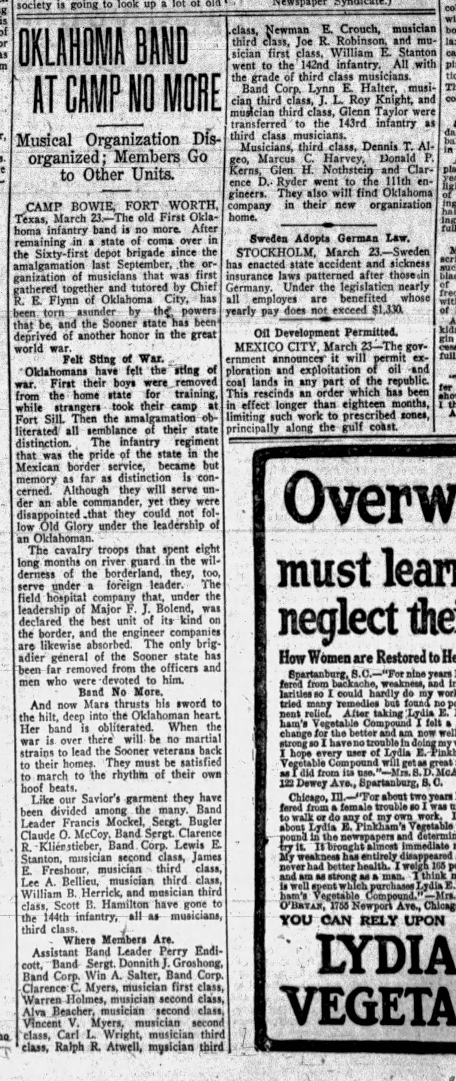Newspaper clipping from The Daily Oklahoman, March 24, 1918, page 43, documenting First Oklahoma Infantry Band.