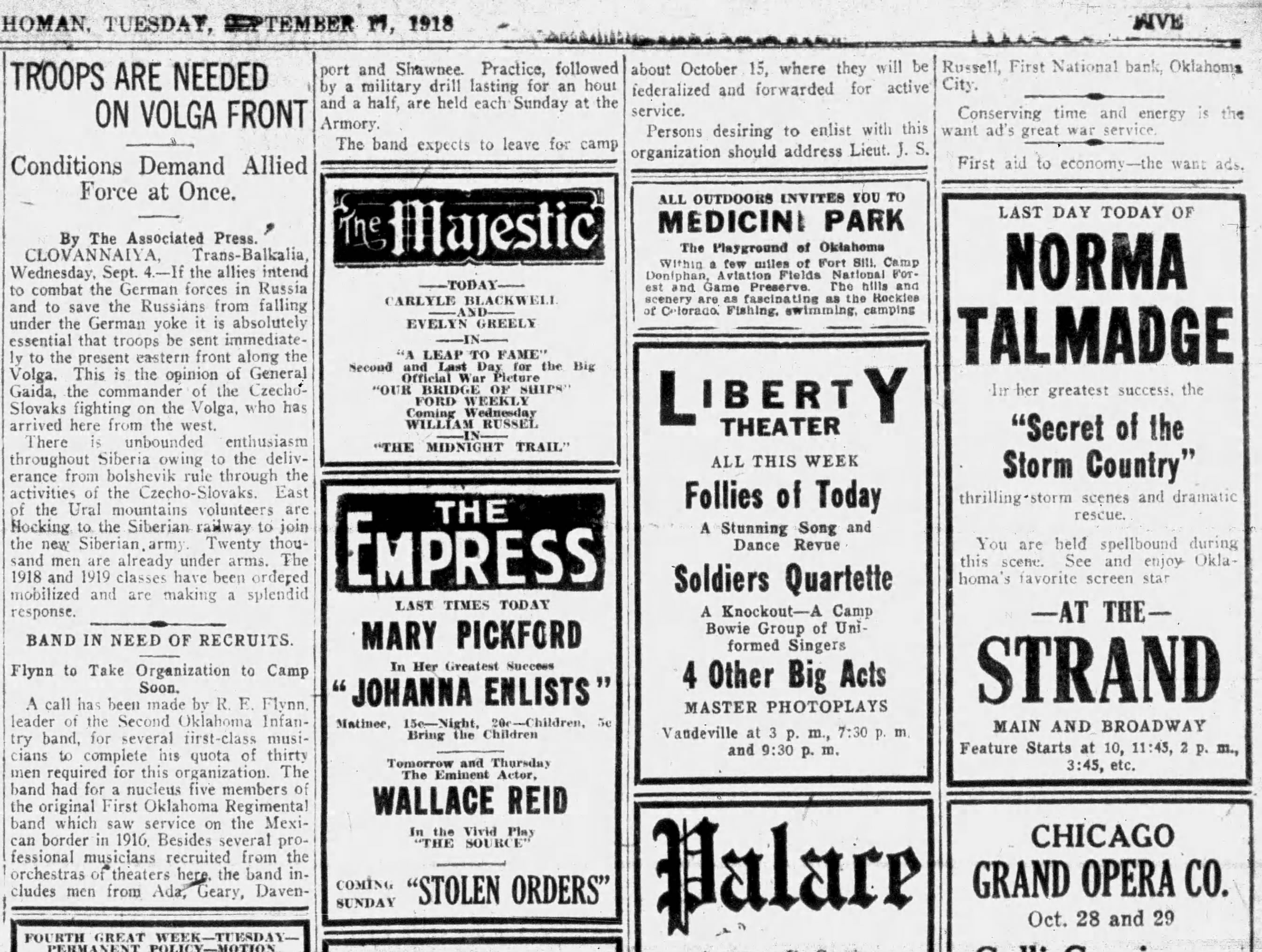Newspaper clipping from The Daily Oklahoman, September 17, 1918, page 5, documenting Second Oklahoma Infantry Band.