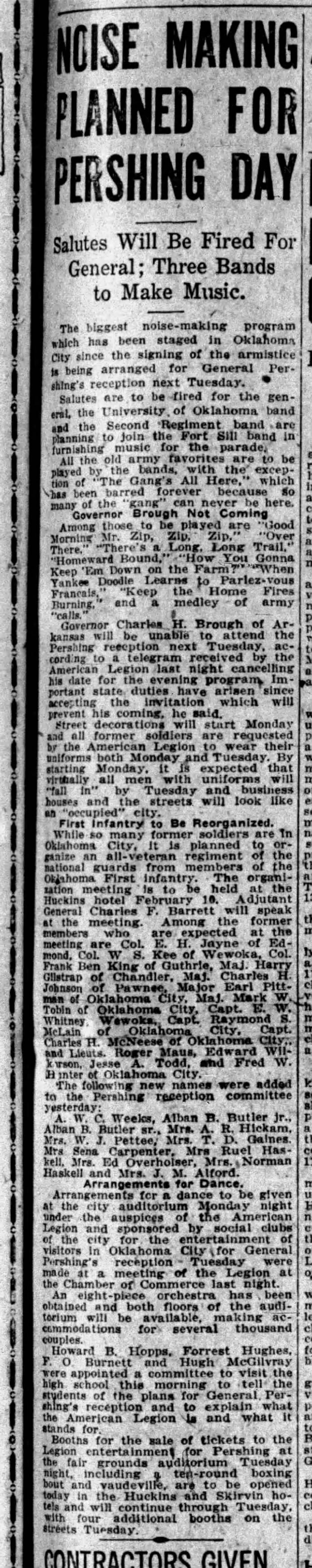 Newspaper clipping from The Daily Oklahoman, February 6, 1920, page 1, documenting University of Oklahoma Band; Second Oklahoma Infantry Band; Fort Sill band.