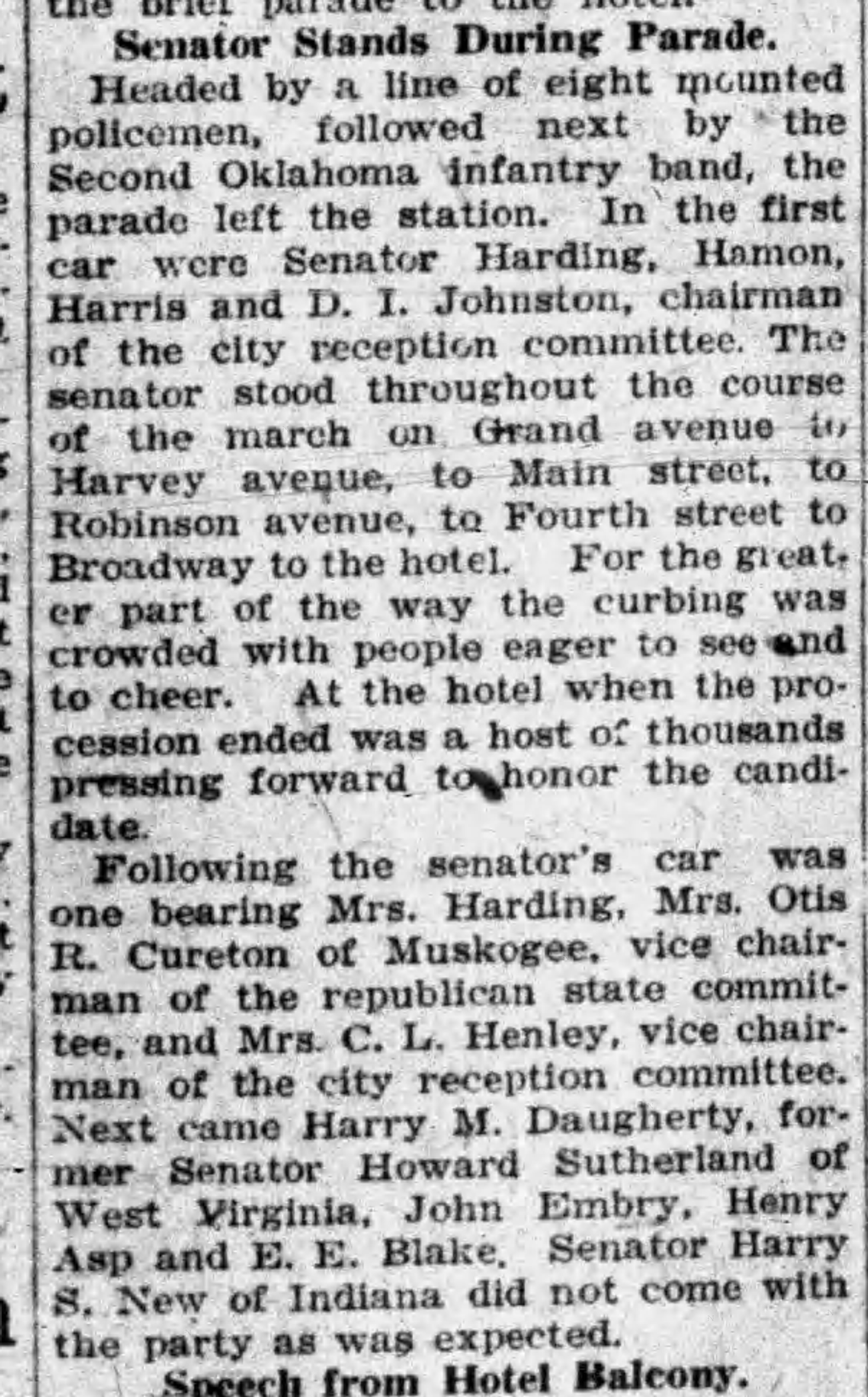 Newspaper clipping from The Daily Oklahoman, October 10, 1920, page 1, documenting Second Oklahoma Infantry Band.