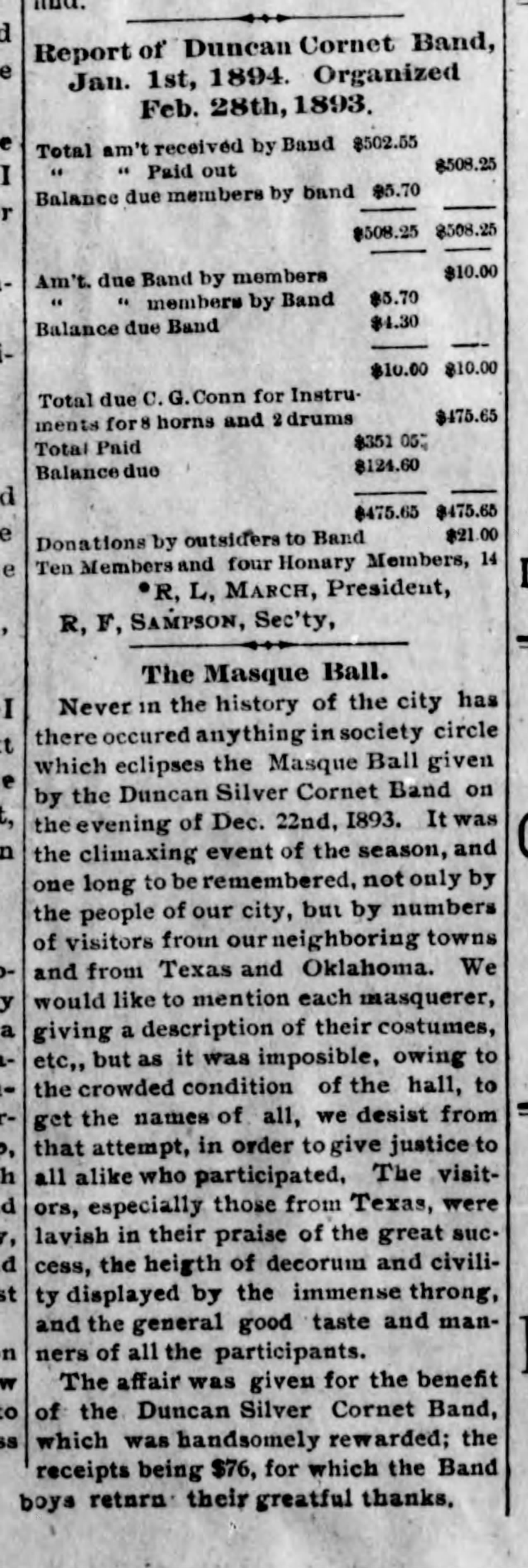 Newspaper clipping from The Duncan Banner, January 6, 1894, page 1, documenting Duncan Silver Cornet Band.