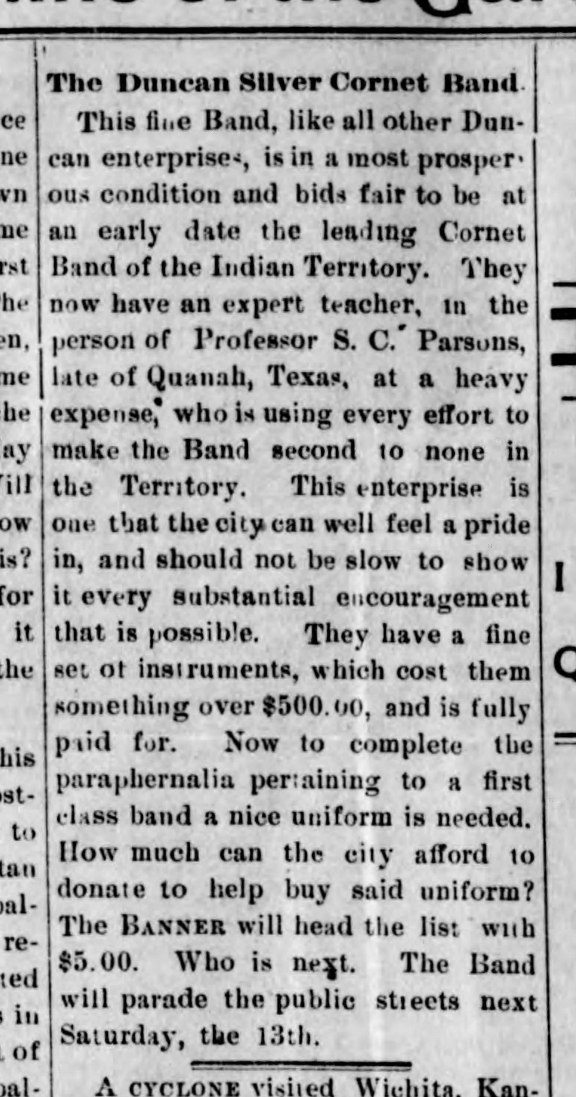 Newspaper clipping from The Duncan Banner, October 6, 1894, page 4, documenting Duncan Silver Cornet Band.