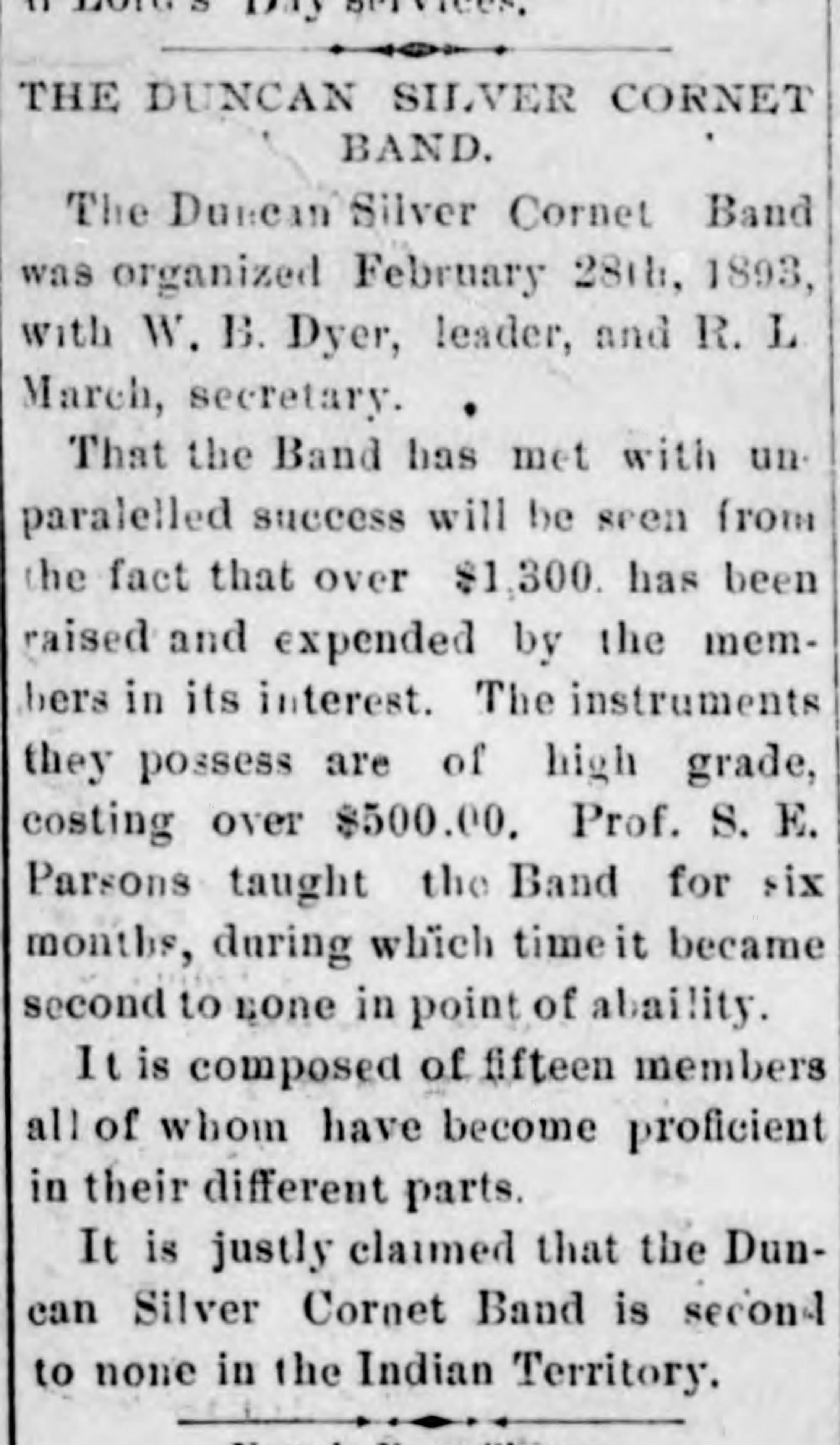Newspaper clipping from The Duncan Banner, September 20, 1895, page 10, documenting Duncan Silver Cornet Band.