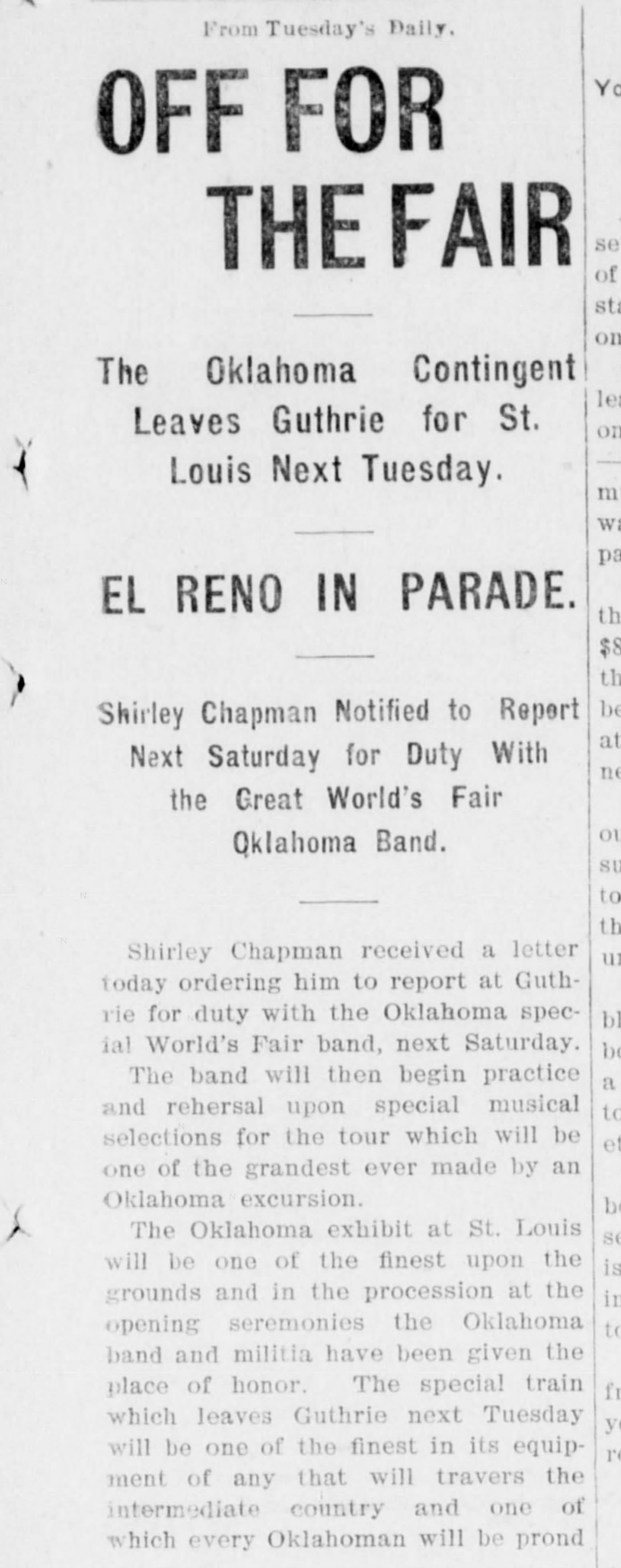 Newspaper clipping from The El Reno Democrat, April 23, 1903, page 1, documenting Oklahoma special World's Fair Band; Oklahoma Cavalry Band, probable identification.