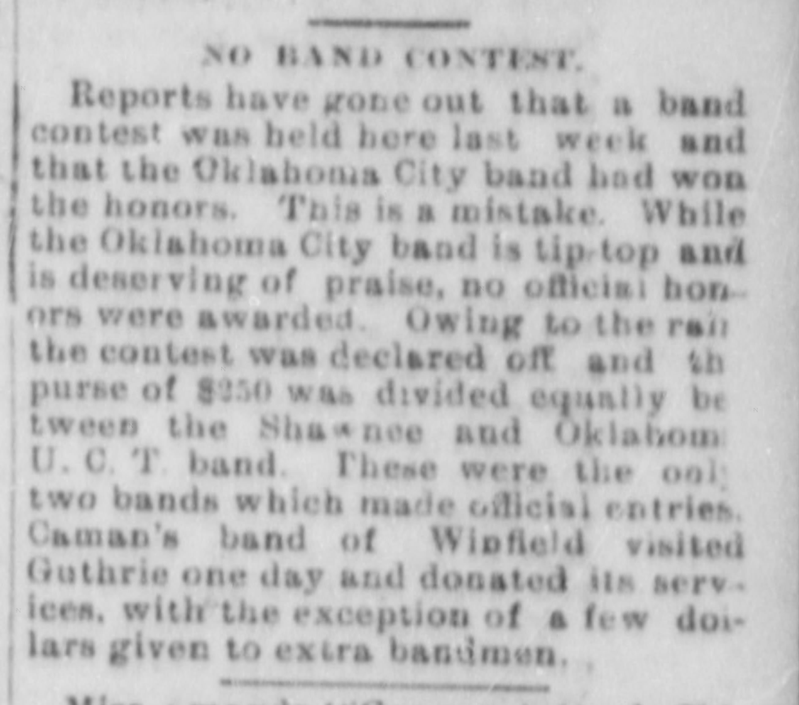 Newspaper clipping from The Guthrie Daily Leader, October 30, 1899, page 1, documenting Oklahoma City Band; Shawnee Band; Oklahoma U.C.T. Band; Vaman's Band of Winfield.