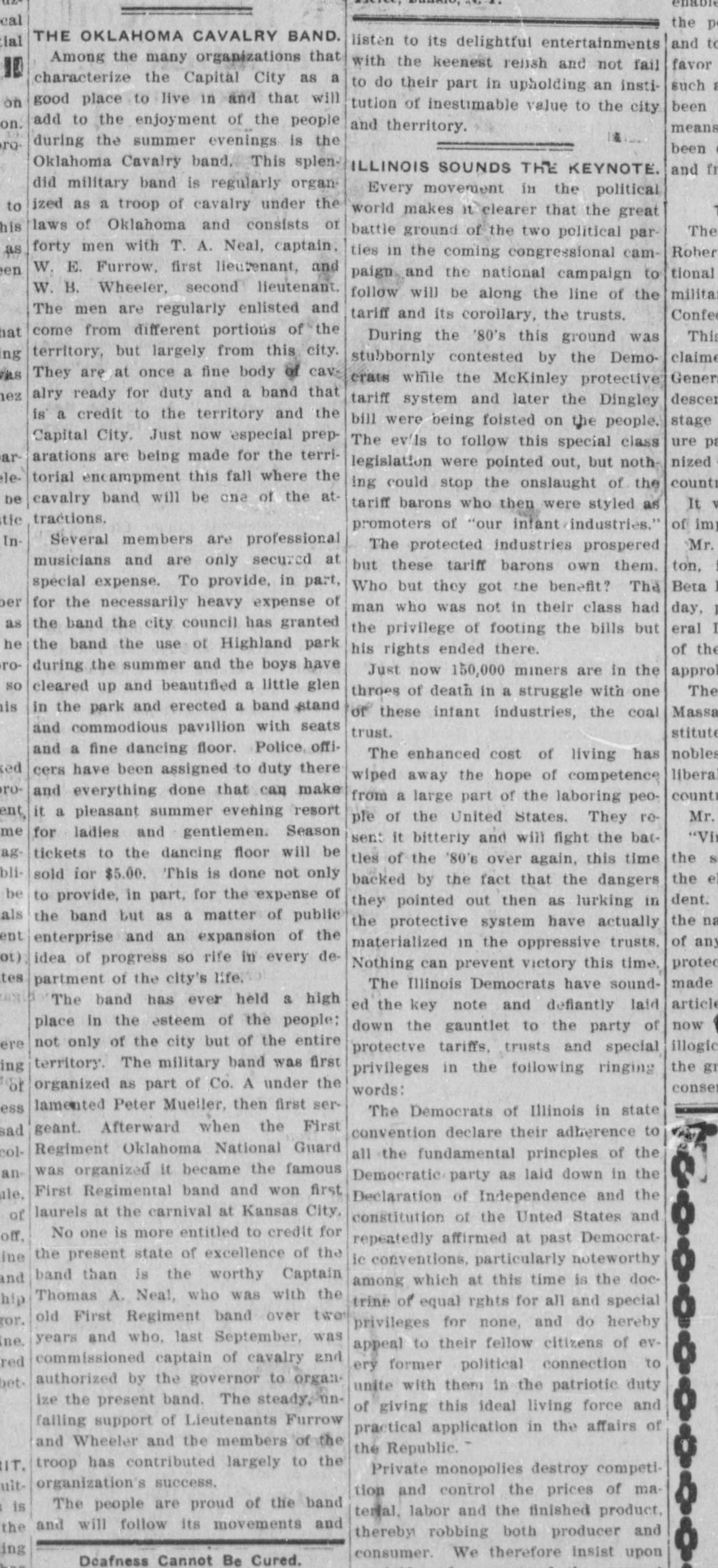 Newspaper clipping from The Guthrie Daily Leader, June 21, 1902, page 4, documenting Oklahoma Cavalry Band; First Regimental Band, predecessor.