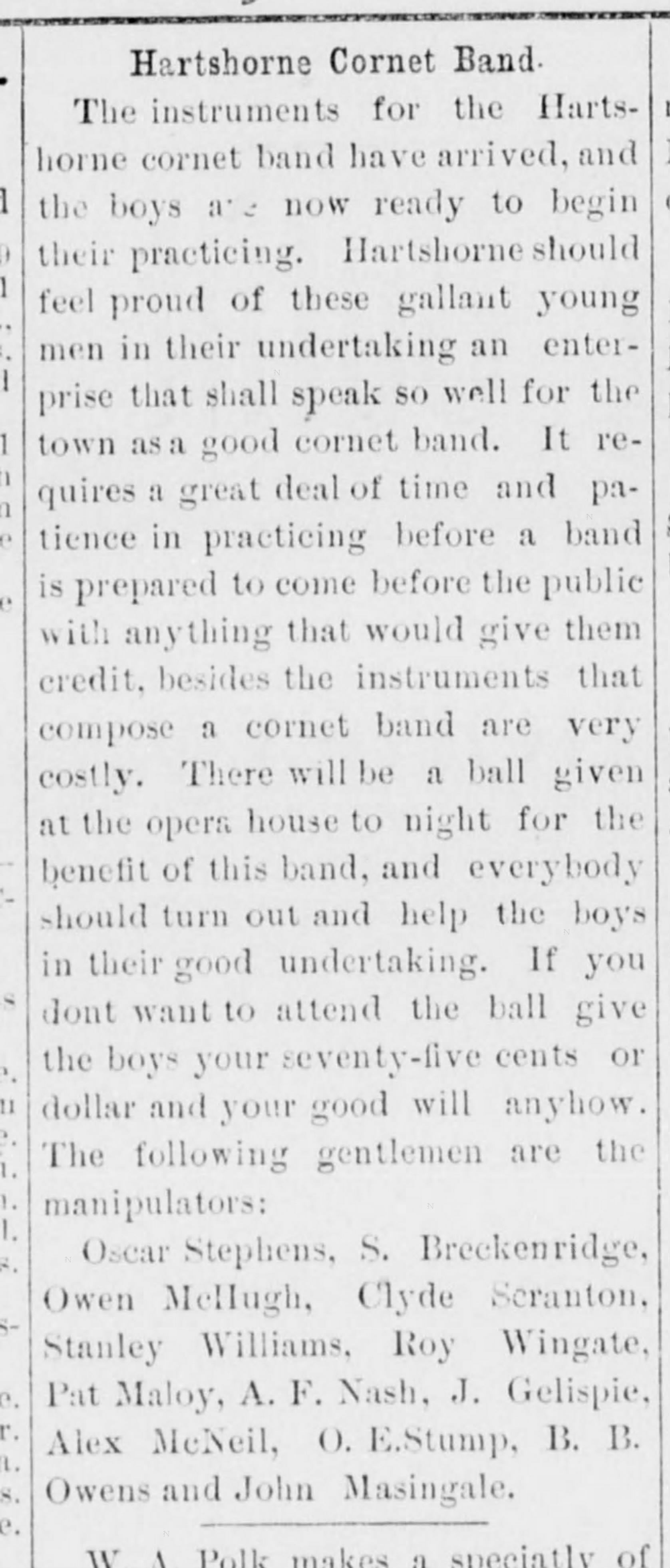 Newspaper clipping from The Hartshorne Sun, March 22, 1895, page 3, documenting Hartshorne Cornet Band.