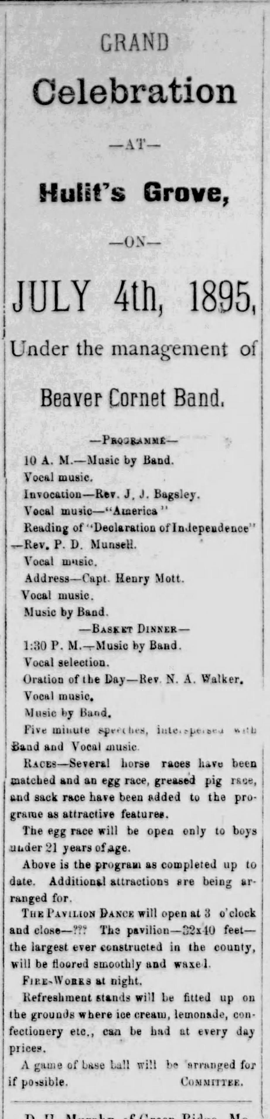 Newspaper clipping from The Herald Democrat, June 27, 1895, page 3, documenting Beaver Cornet Band.