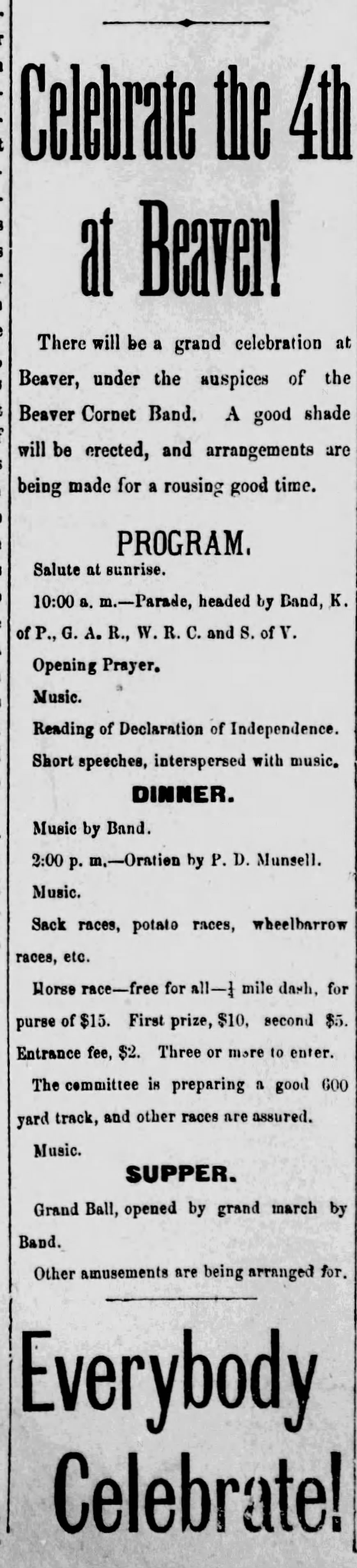 Newspaper clipping from The Herald Democrat, July 2, 1896, page 1, documenting Beaver Cornet Band.