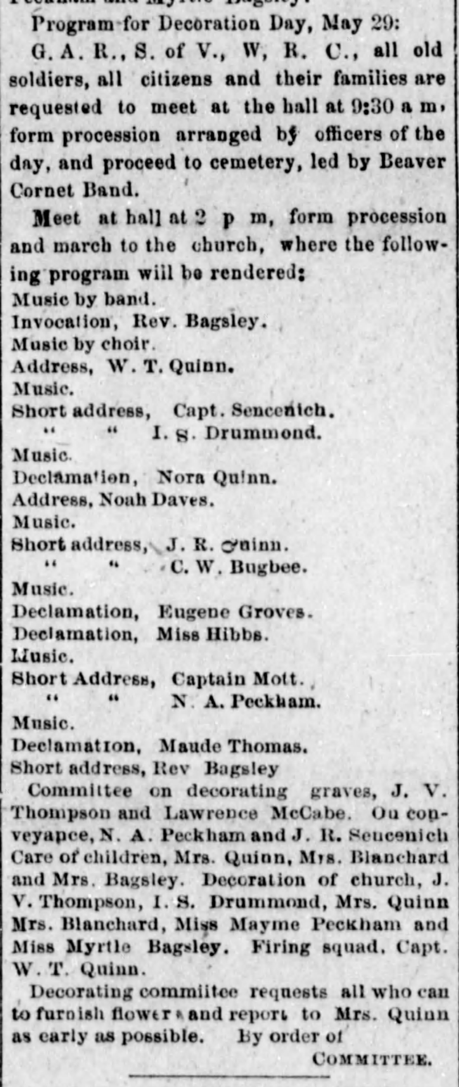 Newspaper clipping from The Herald Democrat, May 27, 1897, page 4, documenting Beaver Cornet Band.