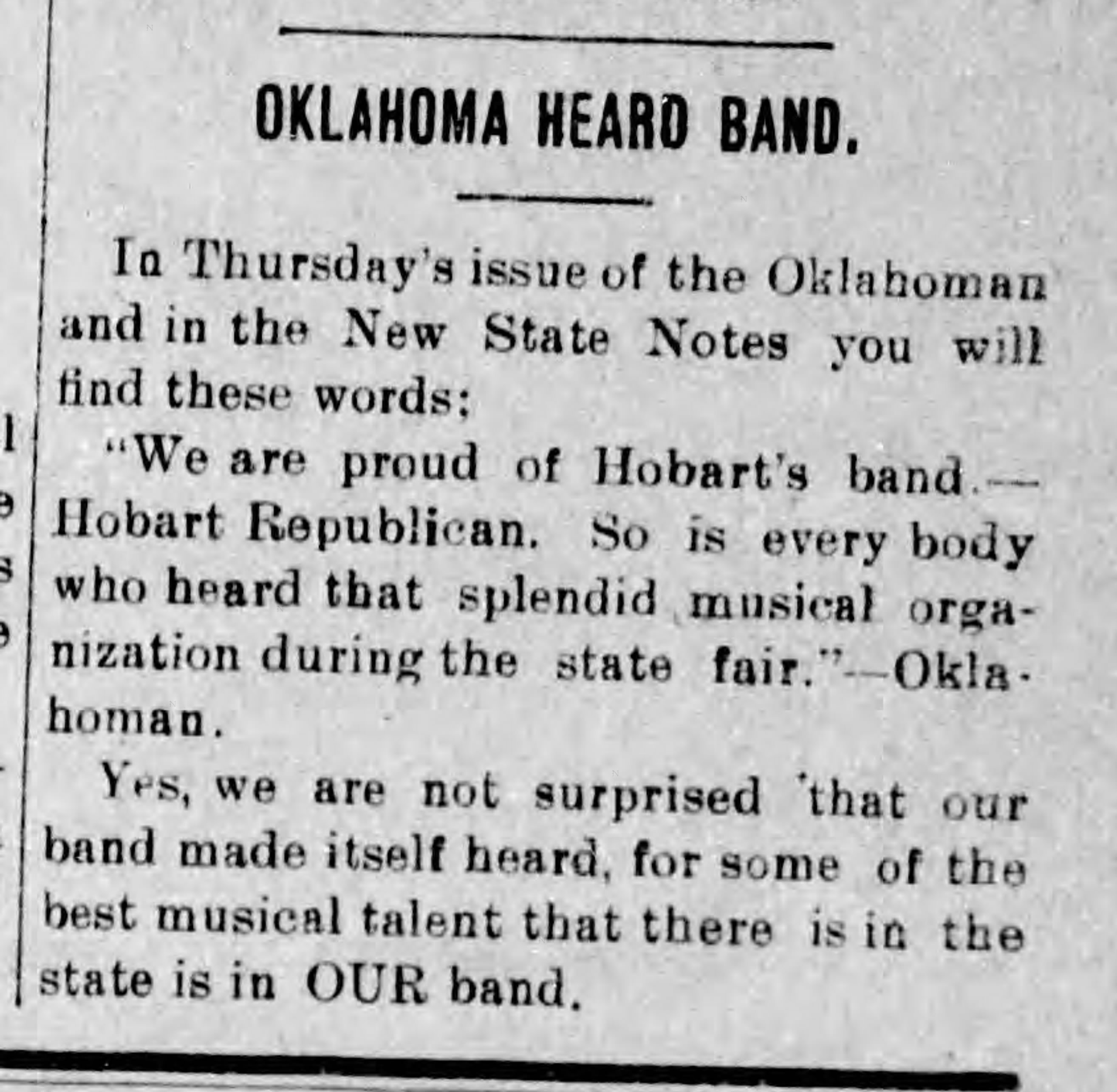Newspaper clipping from The Hobart Republican, October 12, 1911, page 5, documenting Hobart Band.