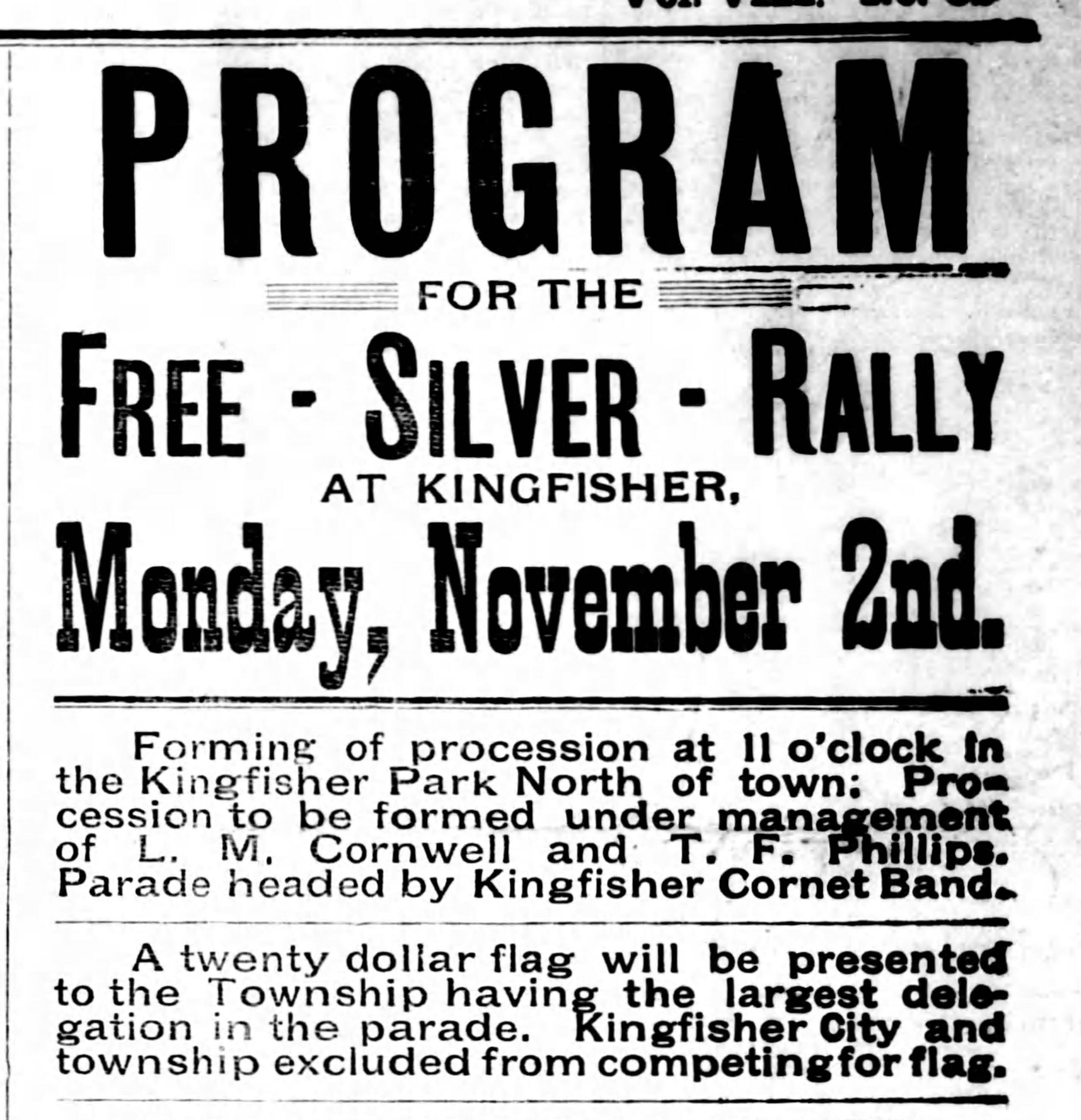 Newspaper clipping from The Kingfisher Times, October 29, 1896, page 1, documenting Kingfisher Cornet Band.