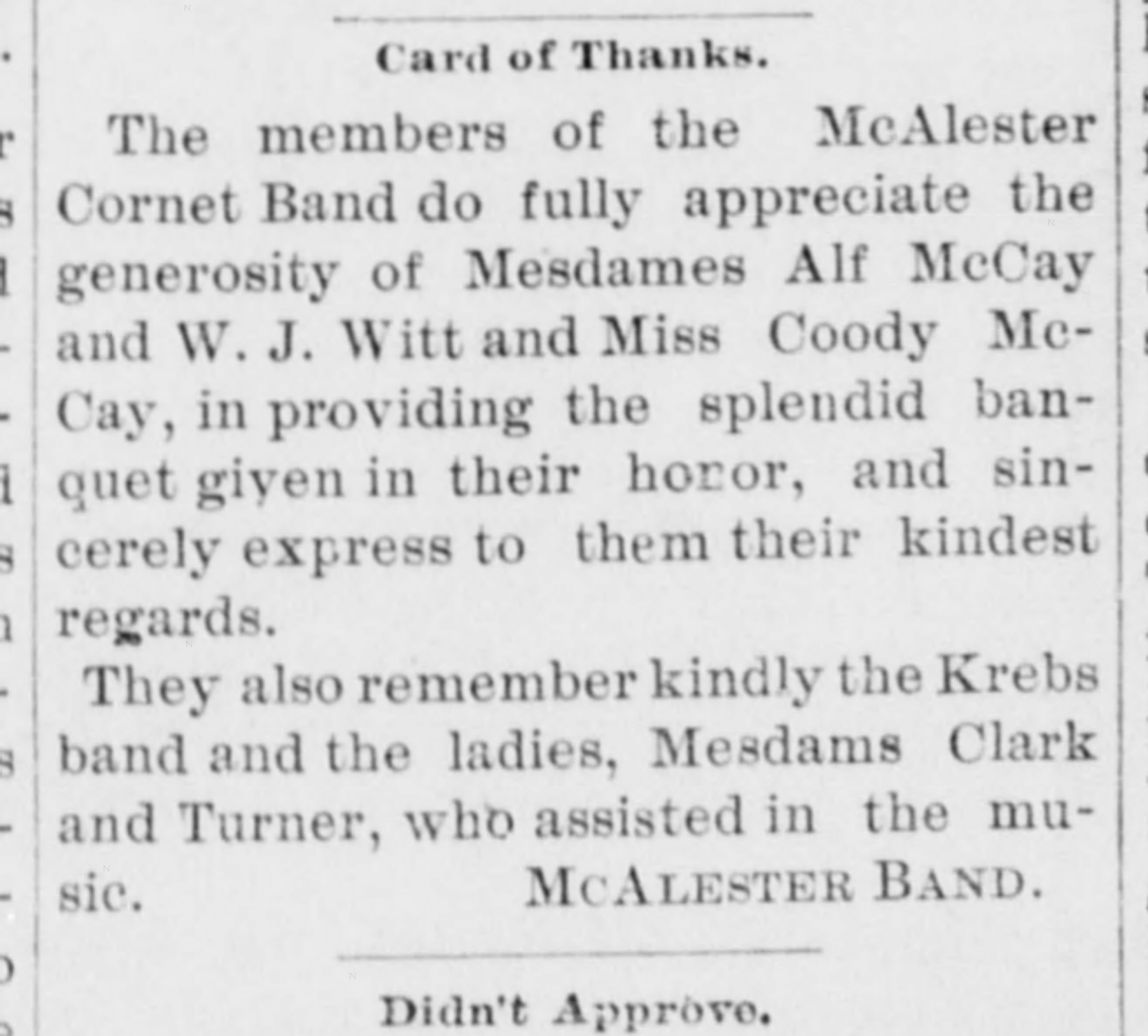 Newspaper clipping from The M Alester News Capital, January 11, 1897, page 4, documenting McAlester Cornet Band; Krebs Band.