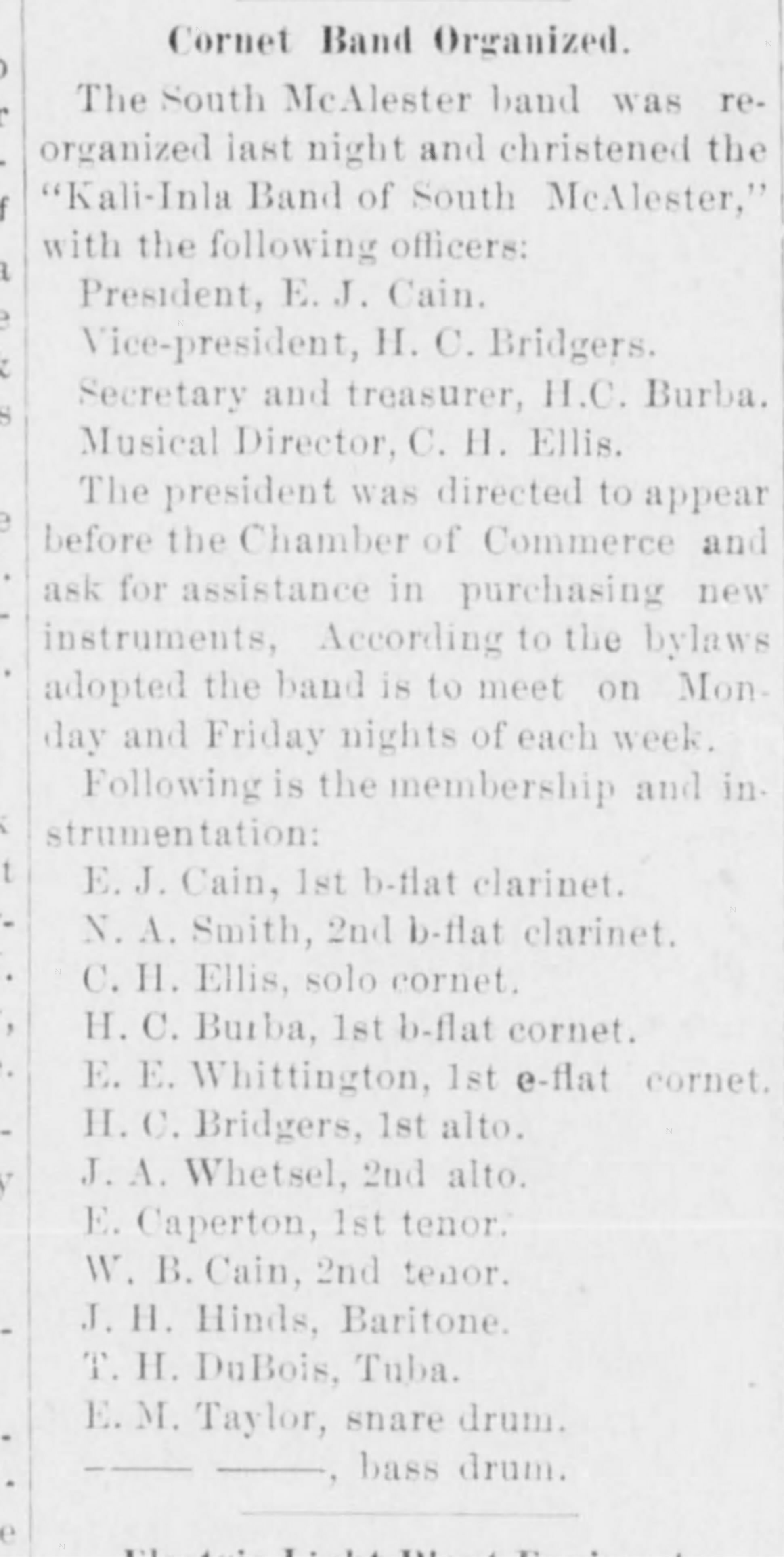 Newspaper clipping from The M Alester News Capital, June 11, 1897, page 3, documenting Kali-Inla Band of South McAlester.