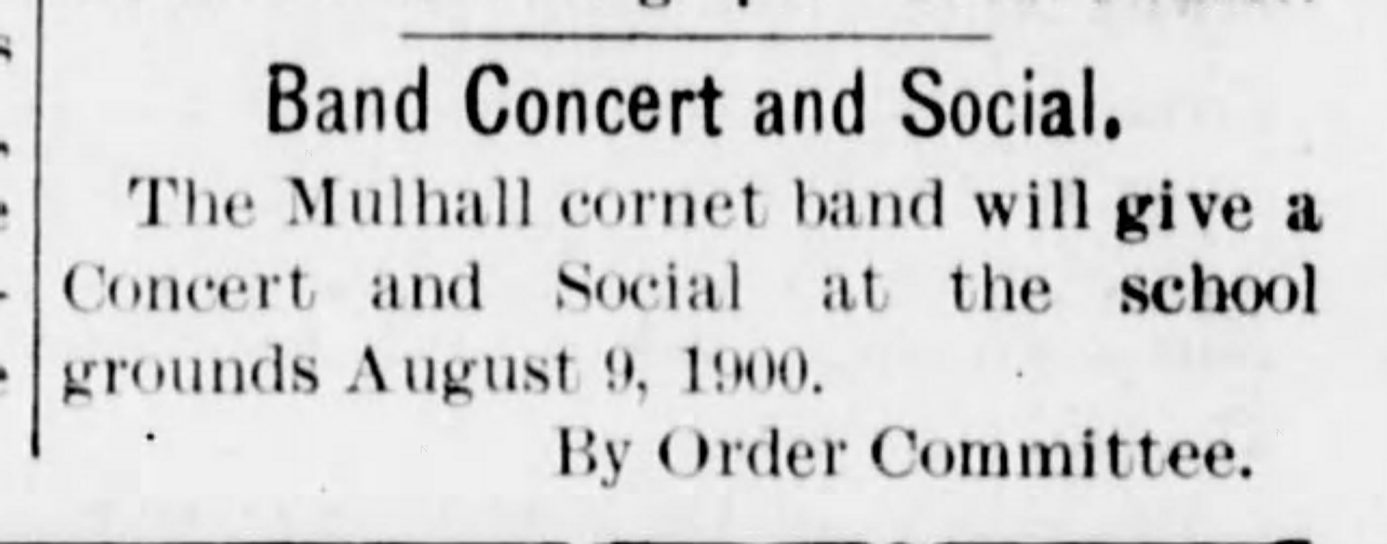 Newspaper clipping from The Mulhall Enterprise, July 27, 1900, page 5, documenting Mulhall Cornet Band.