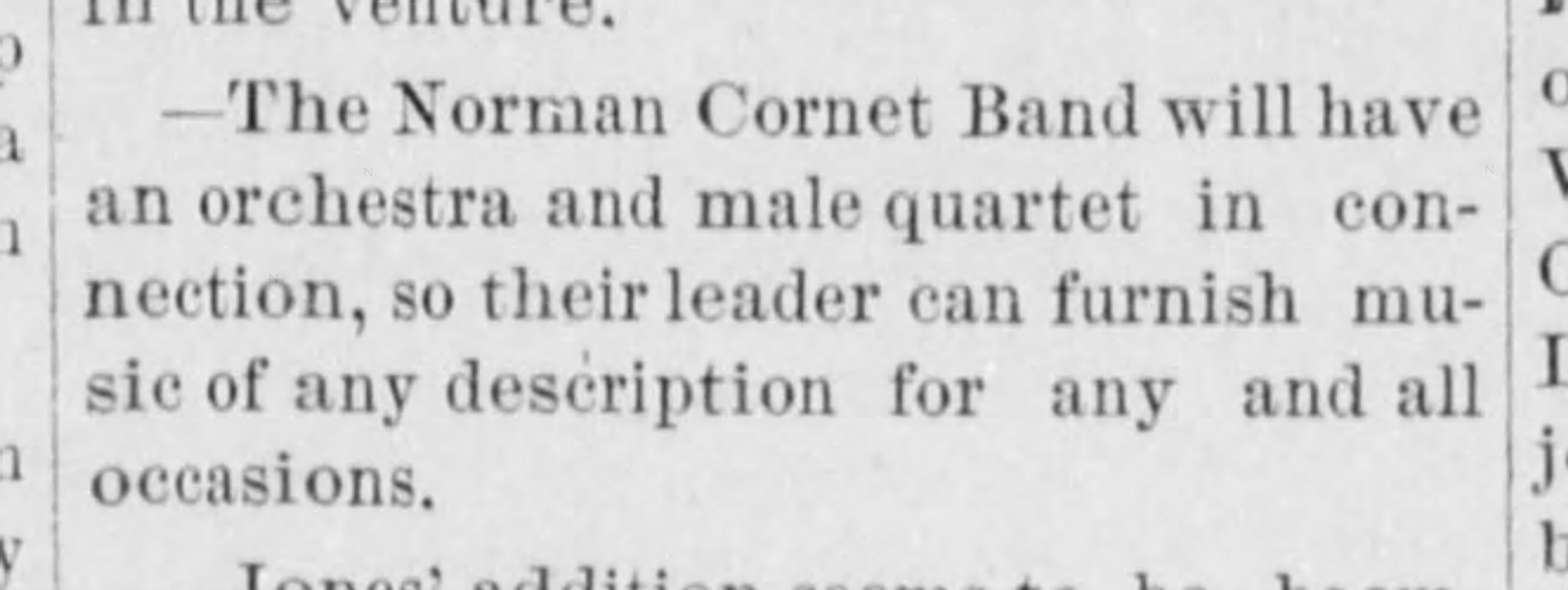 Newspaper clipping from The Norman Transcript, June 11, 1892, page 5, documenting Norman Cornet Band.