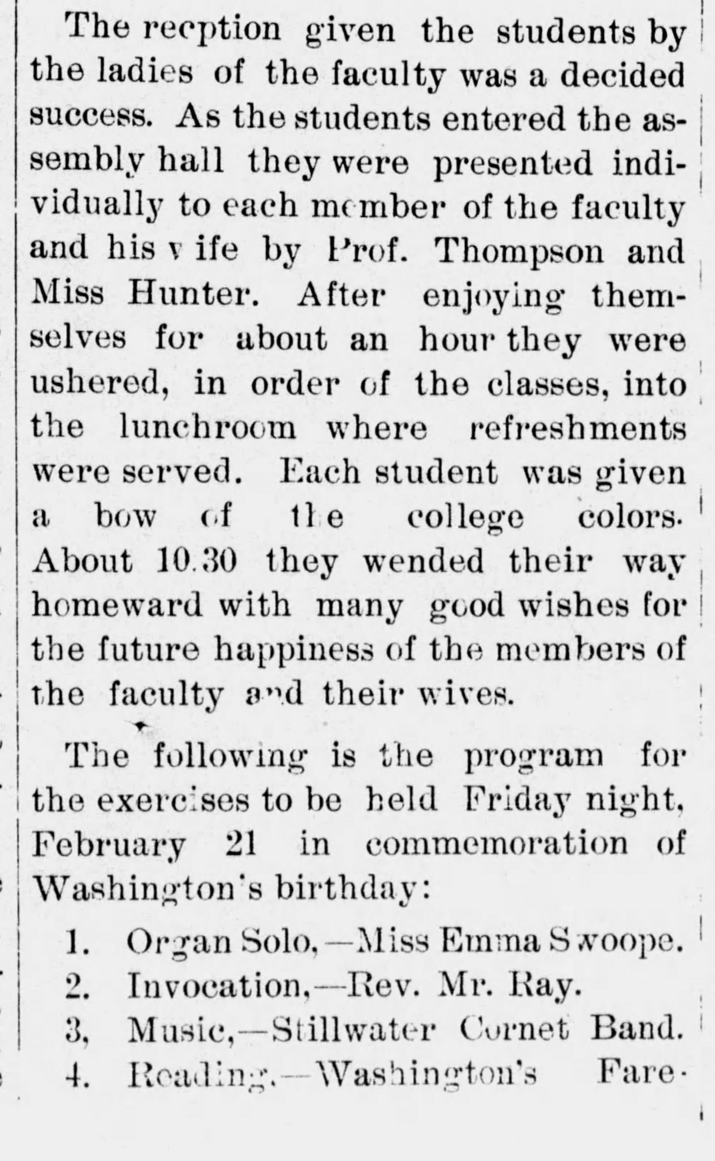 Newspaper clipping from The Oklahoma A and M College Mirror, February 15, 1896, page 7, documenting Stillwater Cornet Band.