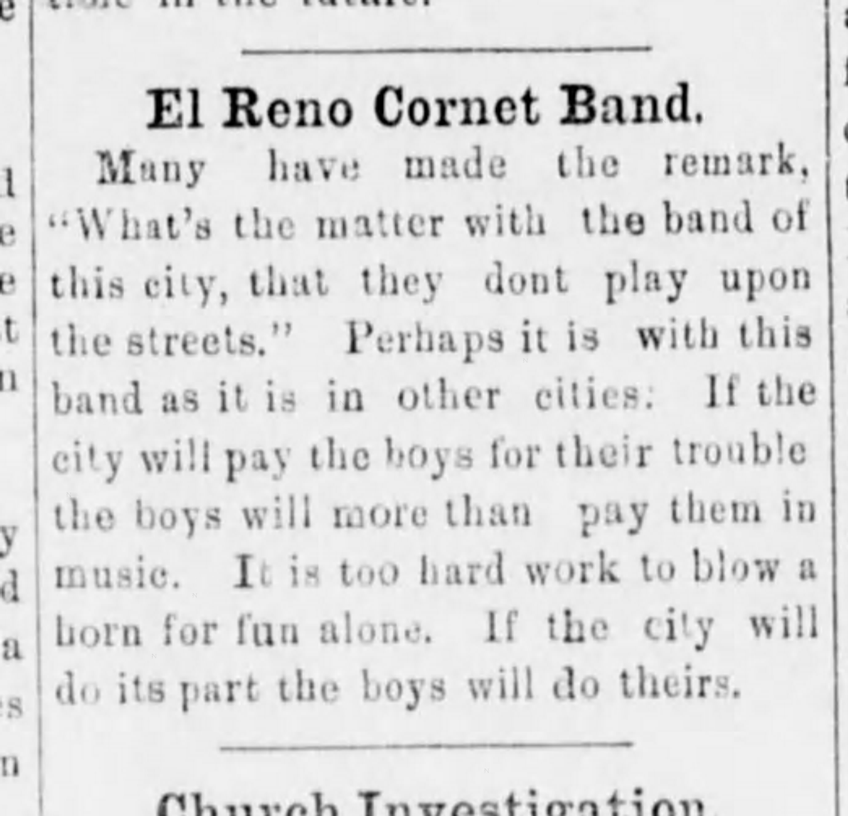 Newspaper clipping from The Oklahoma Herald, April 27, 1894, page 3, documenting El Reno Cornet Band.