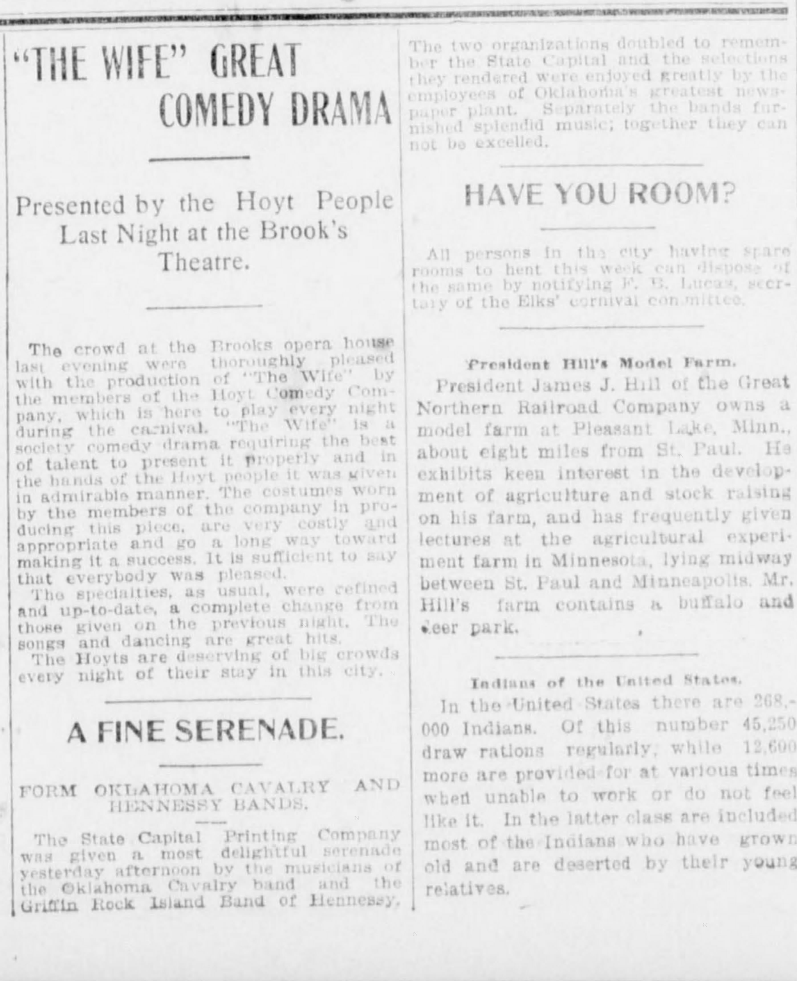 Newspaper clipping from The Oklahoma State Capital, October 9, 1901, page 5, documenting Oklahoma Cavalry Band; Griffin Rock Island Band of Hennessey.