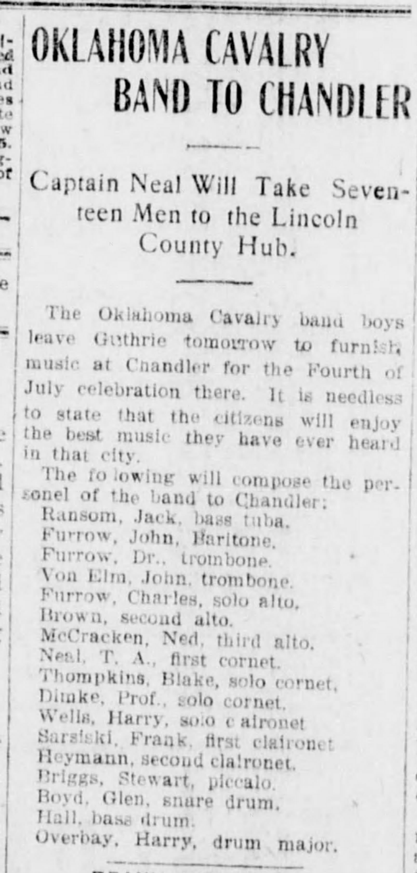 Newspaper clipping from The Oklahoma State Capital, July 3, 1902, page 5, documenting Oklahoma Cavalry Band.